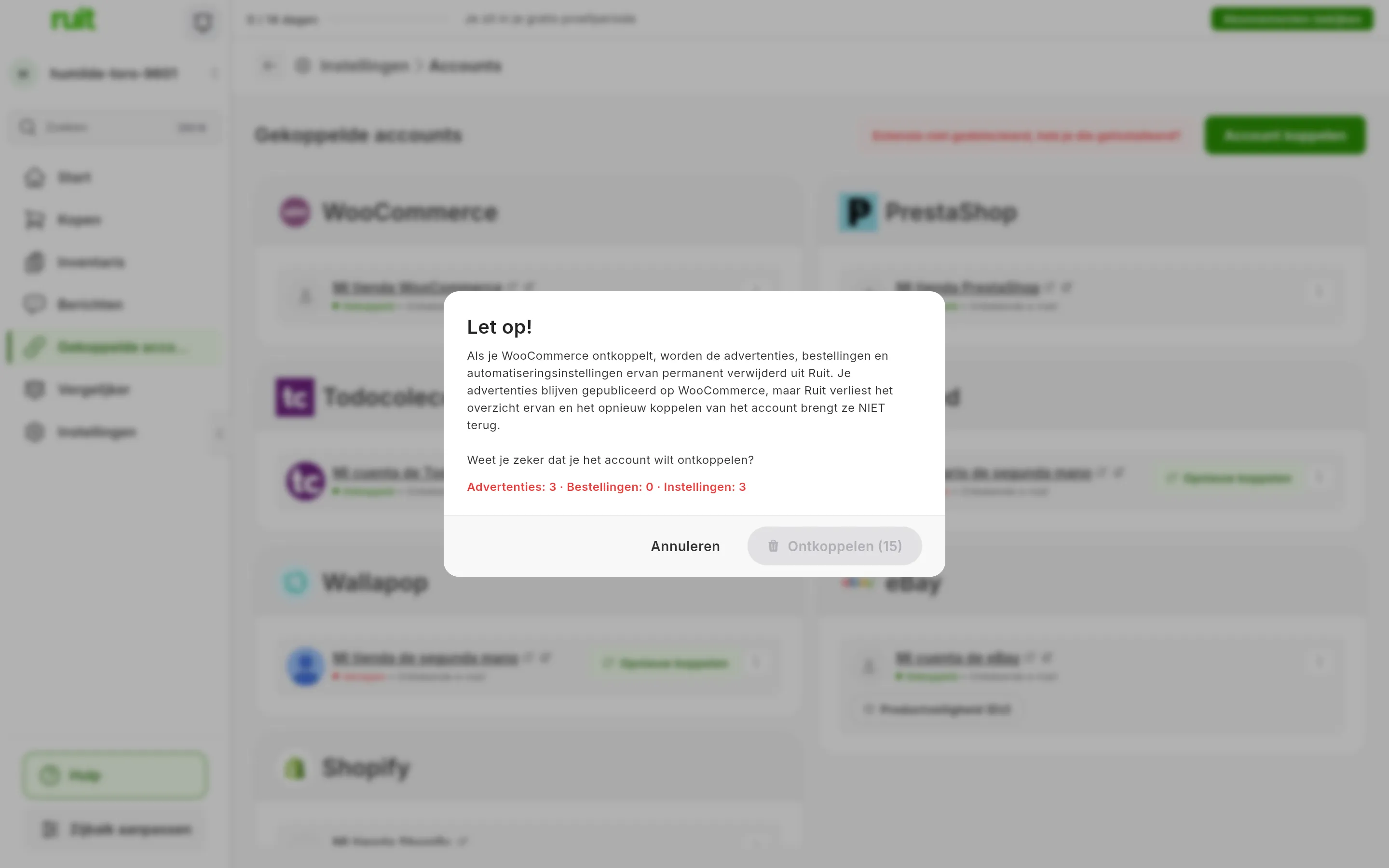 De waarschuwing Let op! bij het ontkoppelen van een WooCommerce-account: wat er wordt verwijderd, de vraag of je het zeker weet, de regel met het aantal advertenties, bestellingen en instellingen, en de knoppen Annuleren en Ontkoppelen, nog geblokkeerd met de seconden die overblijven