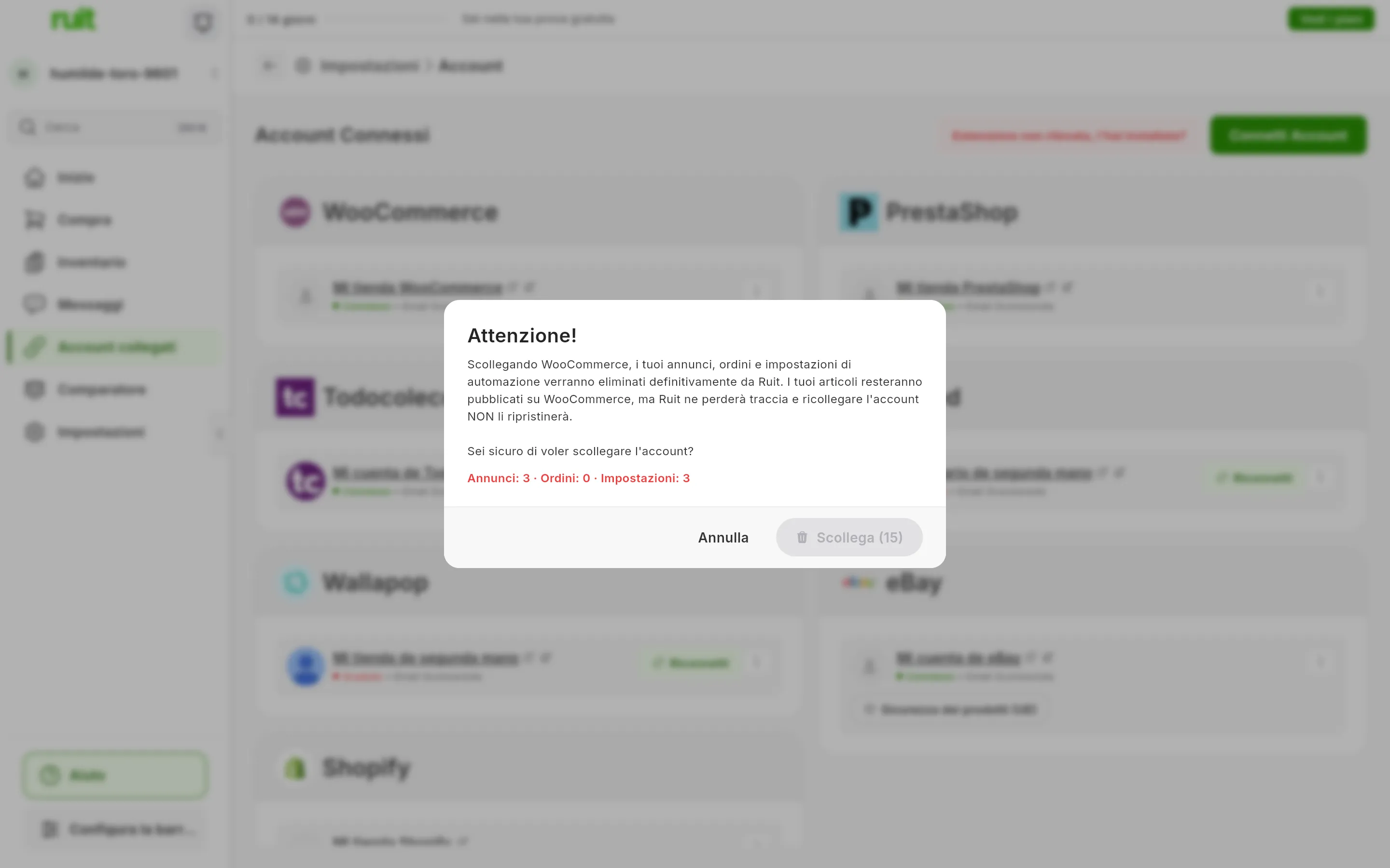 L'avviso Attenzione! quando scolleghi un account WooCommerce: cosa si elimina, la domanda se sei sicuro, la riga con il numero di annunci, ordini e impostazioni, e i pulsanti Annulla e Scollega, ancora bloccato con i secondi che gli mancano