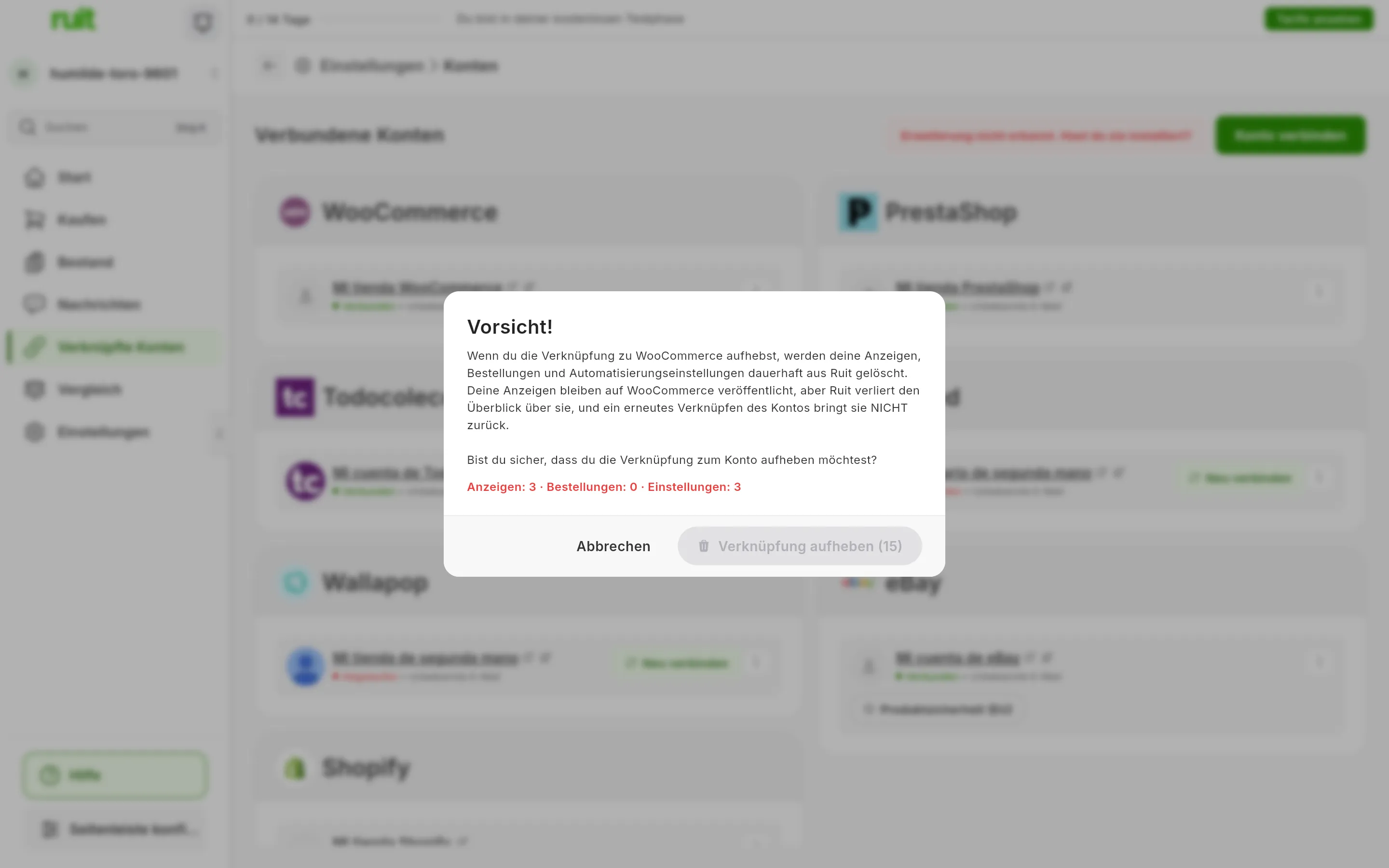 Die Warnung Vorsicht! beim Aufheben der Verknüpfung eines WooCommerce-Kontos: was gelöscht wird, die Frage, ob du sicher bist, die Zeile mit der Zahl der Anzeigen, Bestellungen und Einstellungen und die Schaltflächen Abbrechen und Verknüpfung aufheben, die noch gesperrt ist und die verbleibenden Sekunden zeigt