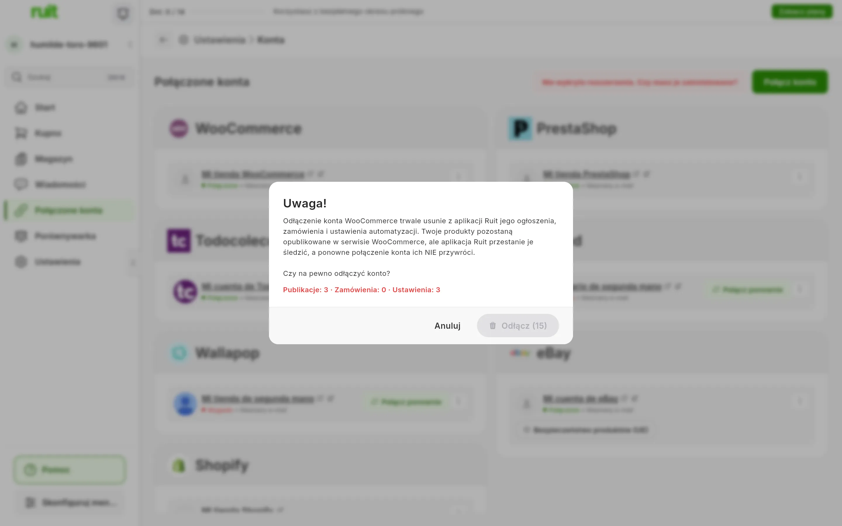 Ostrzeżenie Uwaga! przy odłączaniu konta WooCommerce: co zostanie usunięte, pytanie, czy na pewno odłączyć konto, wiersz z liczbą publikacji, zamówień i ustawień oraz przyciski Anuluj i Odłącz, ten drugi jeszcze zablokowany, z liczbą pozostałych sekund