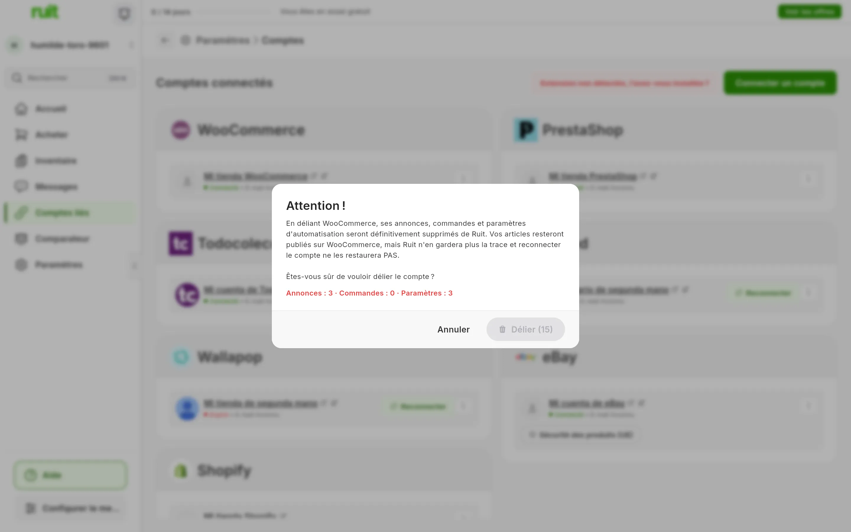 L'avertissement Attention ! au moment de délier un compte WooCommerce : ce qui est supprimé, la question qui vous demande si vous êtes sûr, la ligne avec le nombre d'annonces, de commandes et de paramètres, et les boutons Annuler et Délier, ce dernier encore bloqué avec les secondes qui lui restent