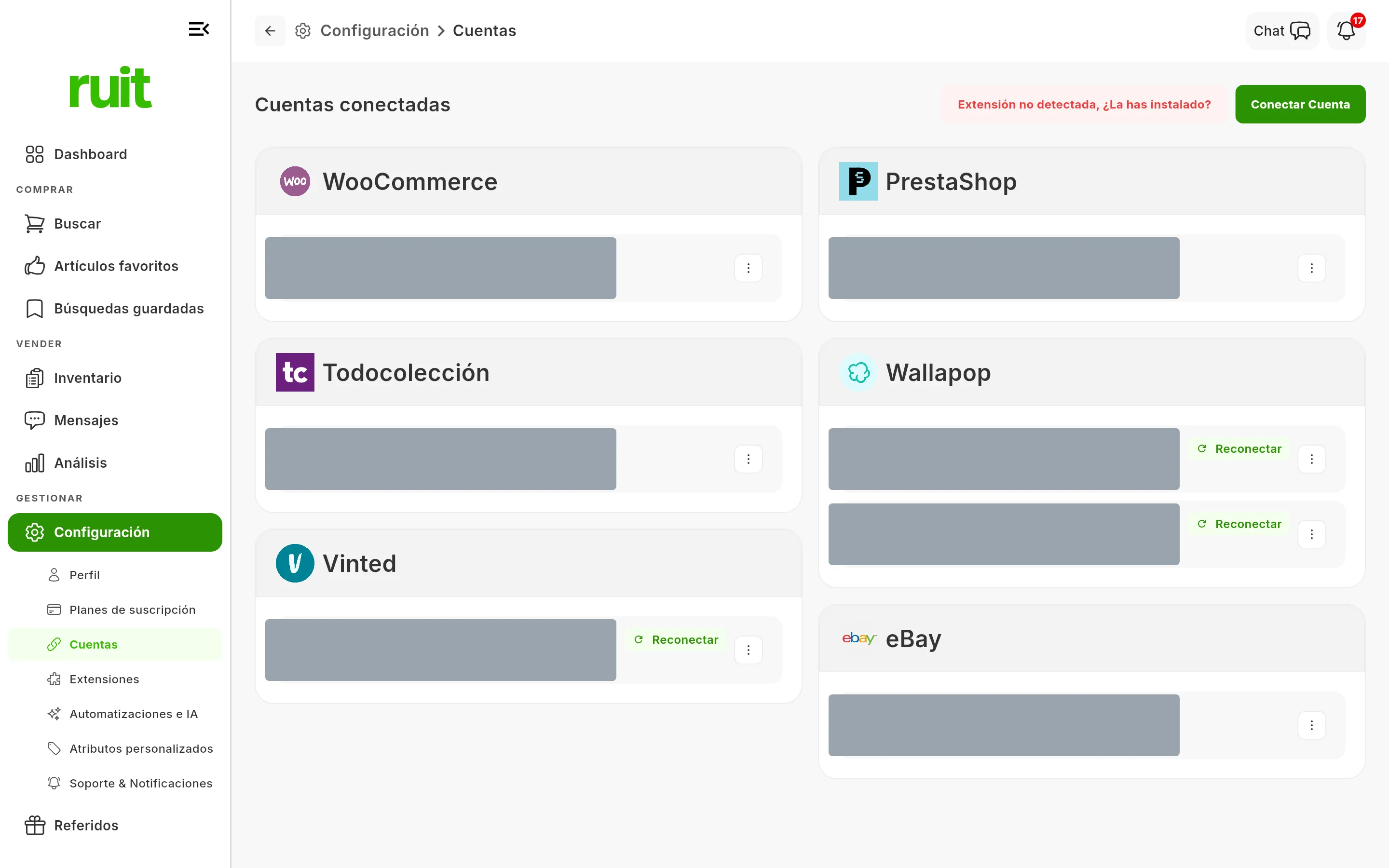 Pantalla de Cuentas de RUIT: seis tarjetas, una por marketplace, con WooCommerce, PrestaShop, Todocolección, Wallapop, Vinted y eBay. La tarjeta de eBay muestra una cuenta sin ningún botón de reconexión, mientras que las de Wallapop y Vinted sí lo llevan.