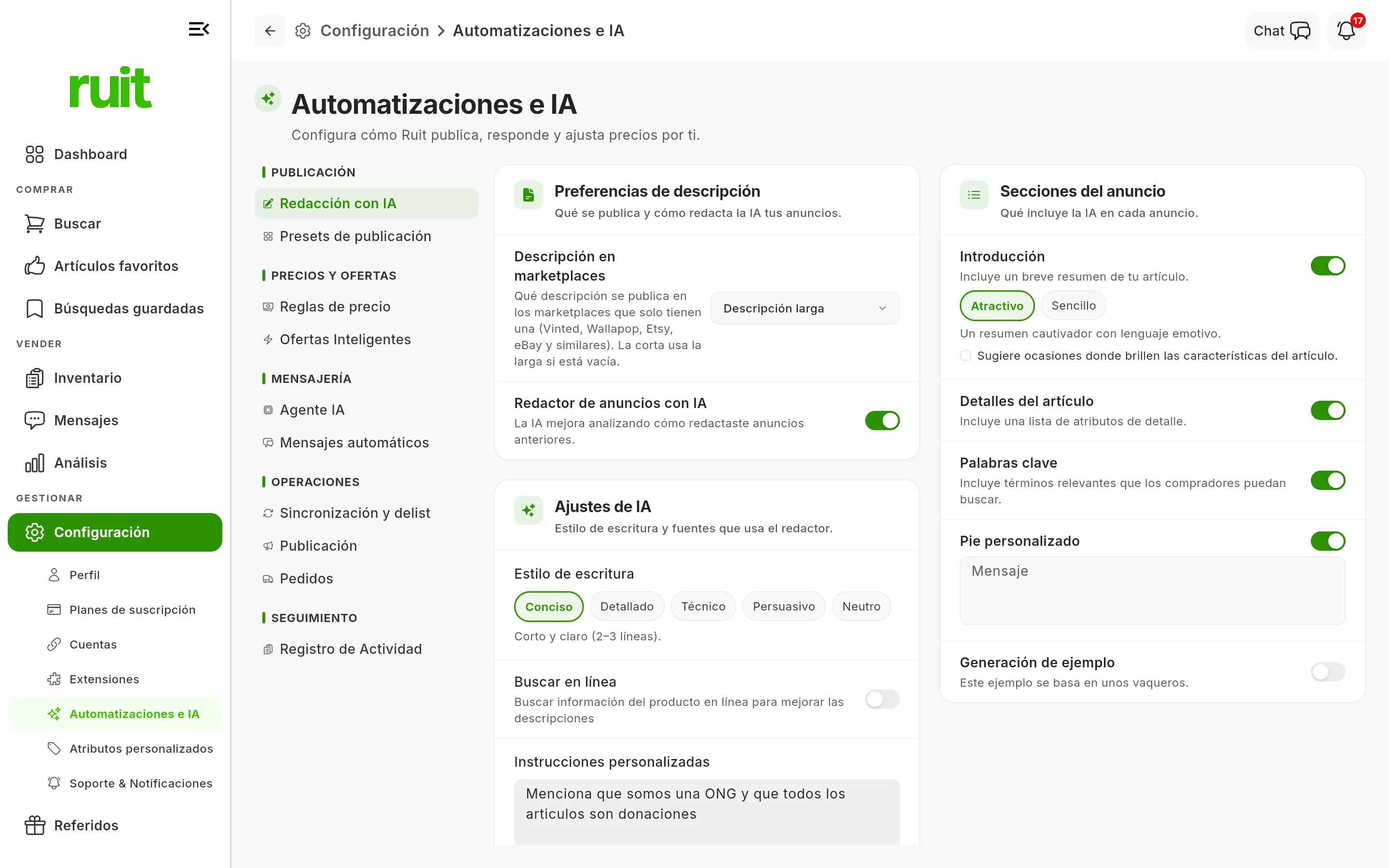 Pantalla de Automatizaciones e IA en la configuración de RUIT, con la lista de secciones a la izquierda agrupadas por publicación, precios y ofertas, mensajería, operaciones y seguimiento; Sincronización y delist es la primera de operaciones.