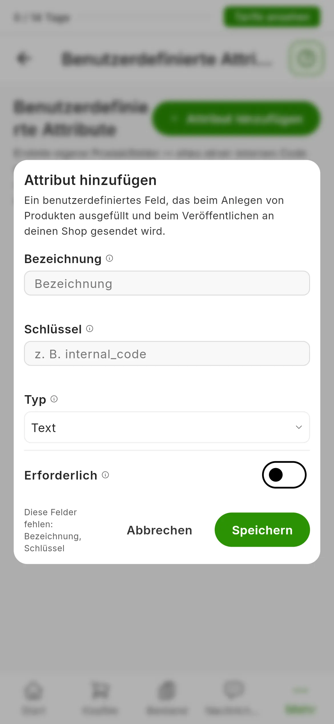 Das Formular Attribut hinzufügen mit den Feldern Bezeichnung, Schlüssel und Typ, dem Schalter Erforderlich und den Schaltflächen Abbrechen und Speichern