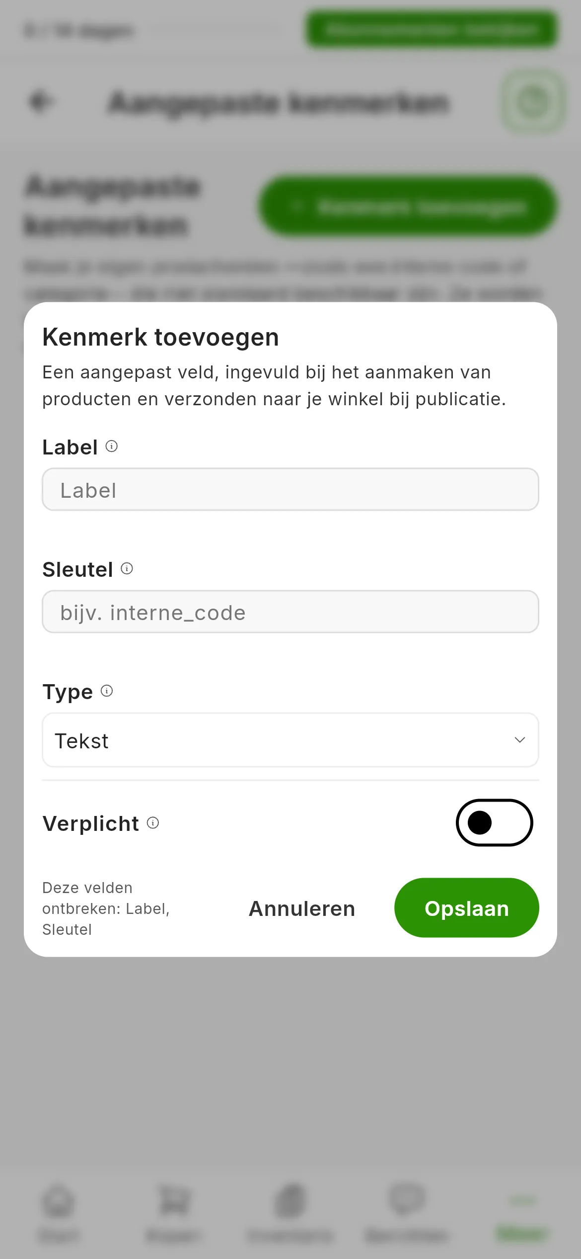 Het formulier Kenmerk toevoegen met de velden Label, Sleutel en Type, de schakelaar Verplicht en de knoppen Annuleren en Opslaan