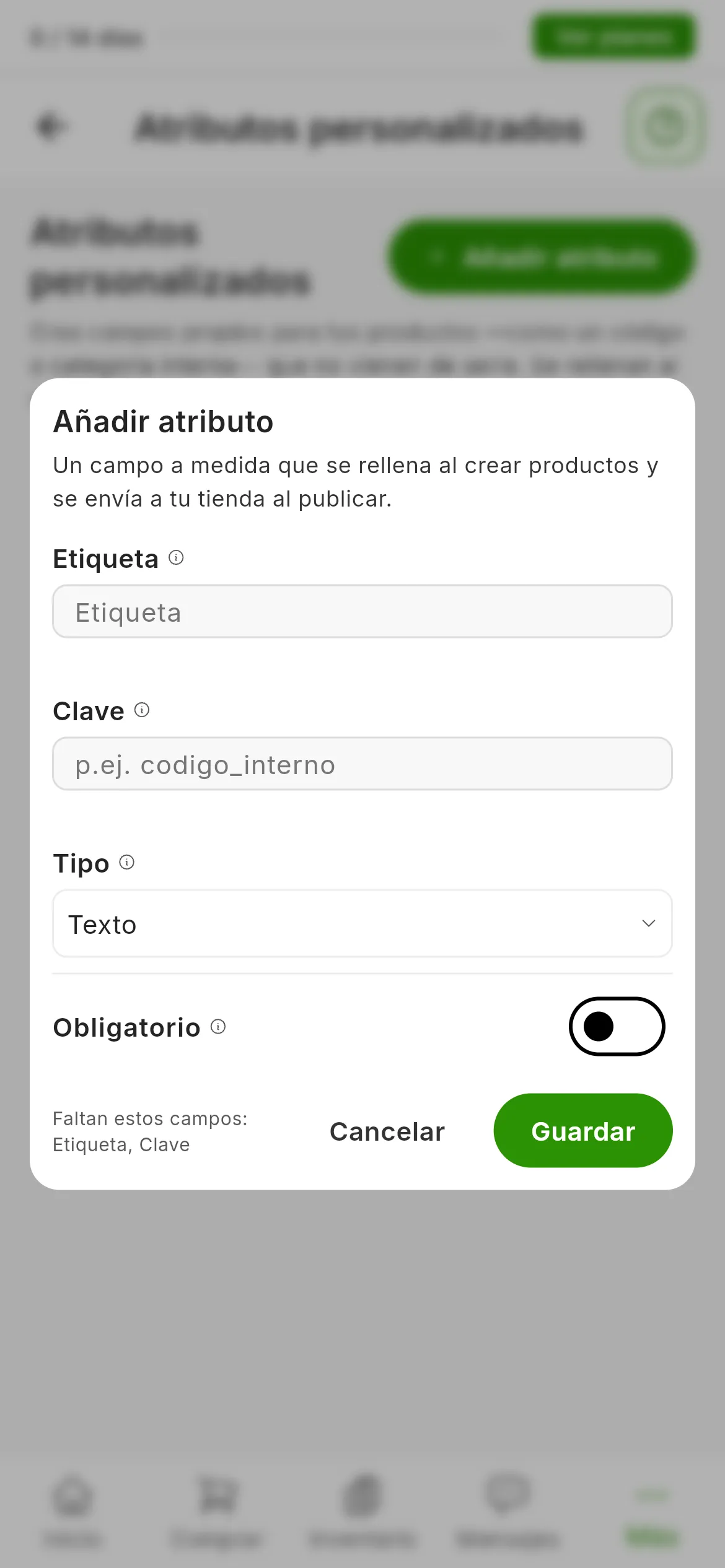 El formulario Añadir atributo con los campos Etiqueta, Clave y Tipo, el interruptor Obligatorio y los botones Cancelar y Guardar