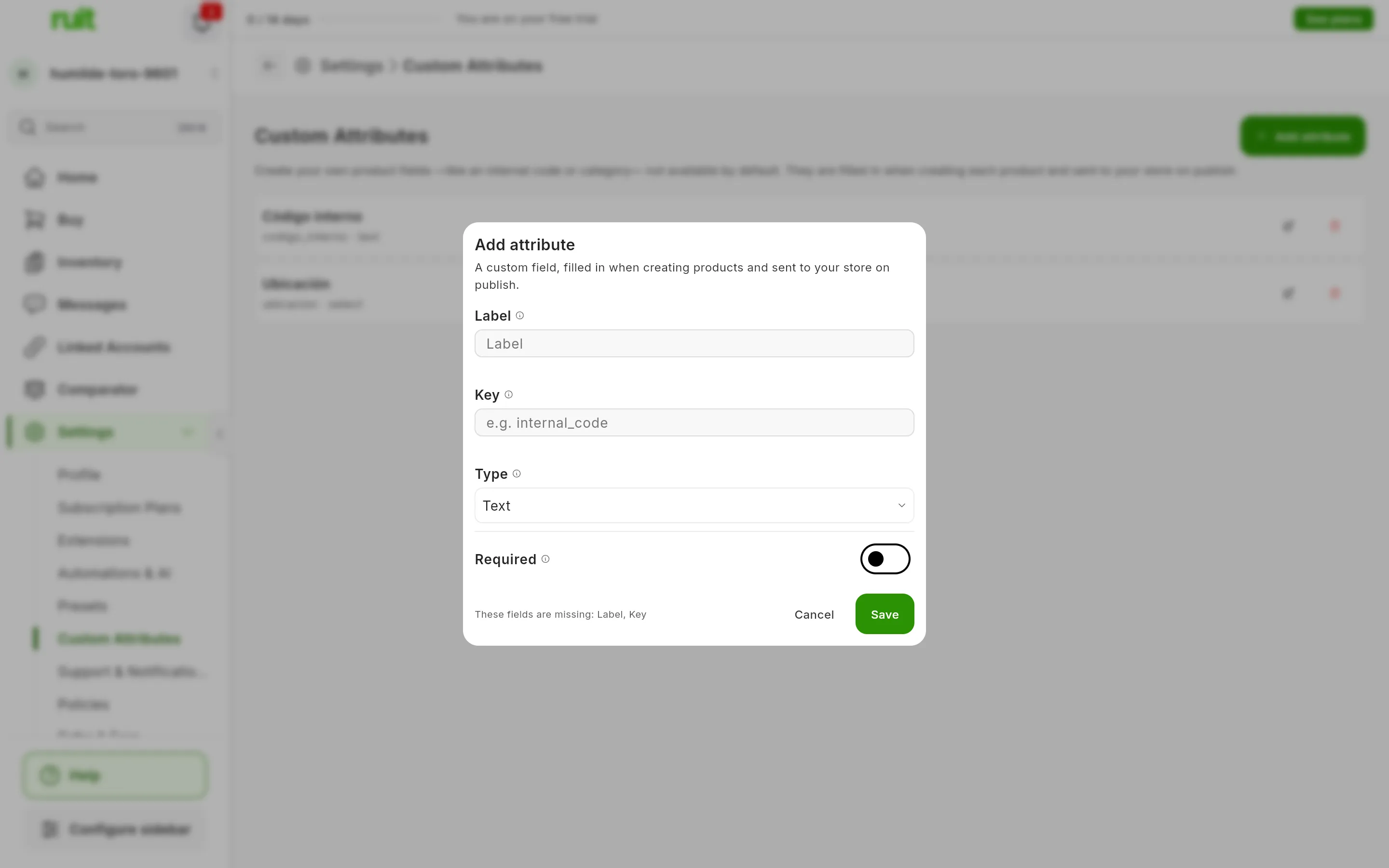 The Add attribute form with the Label, Key and Type fields, the Required switch and the Cancel and Save buttons