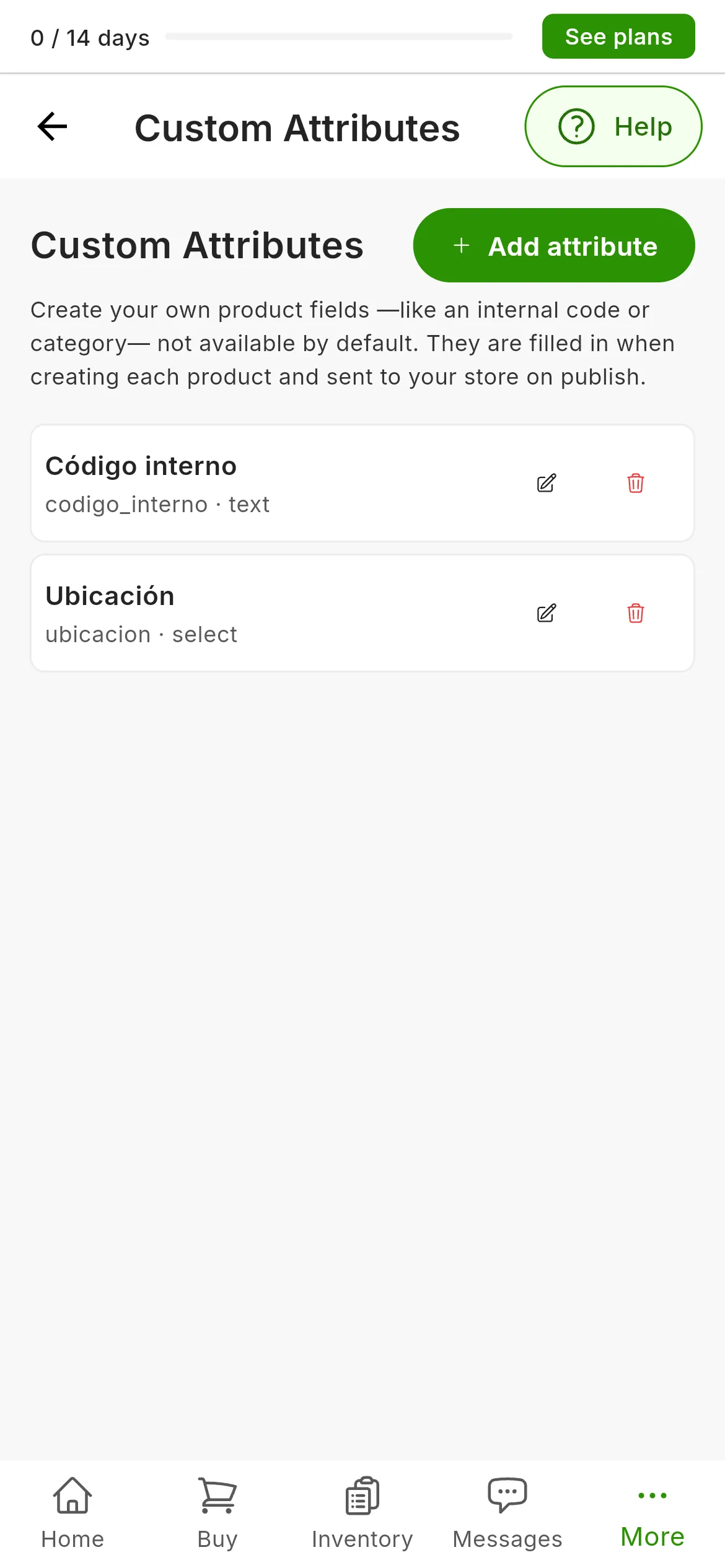The Settings, Custom Attributes screen, with the text that explains what they are for, the Add attribute button and the list of attributes created