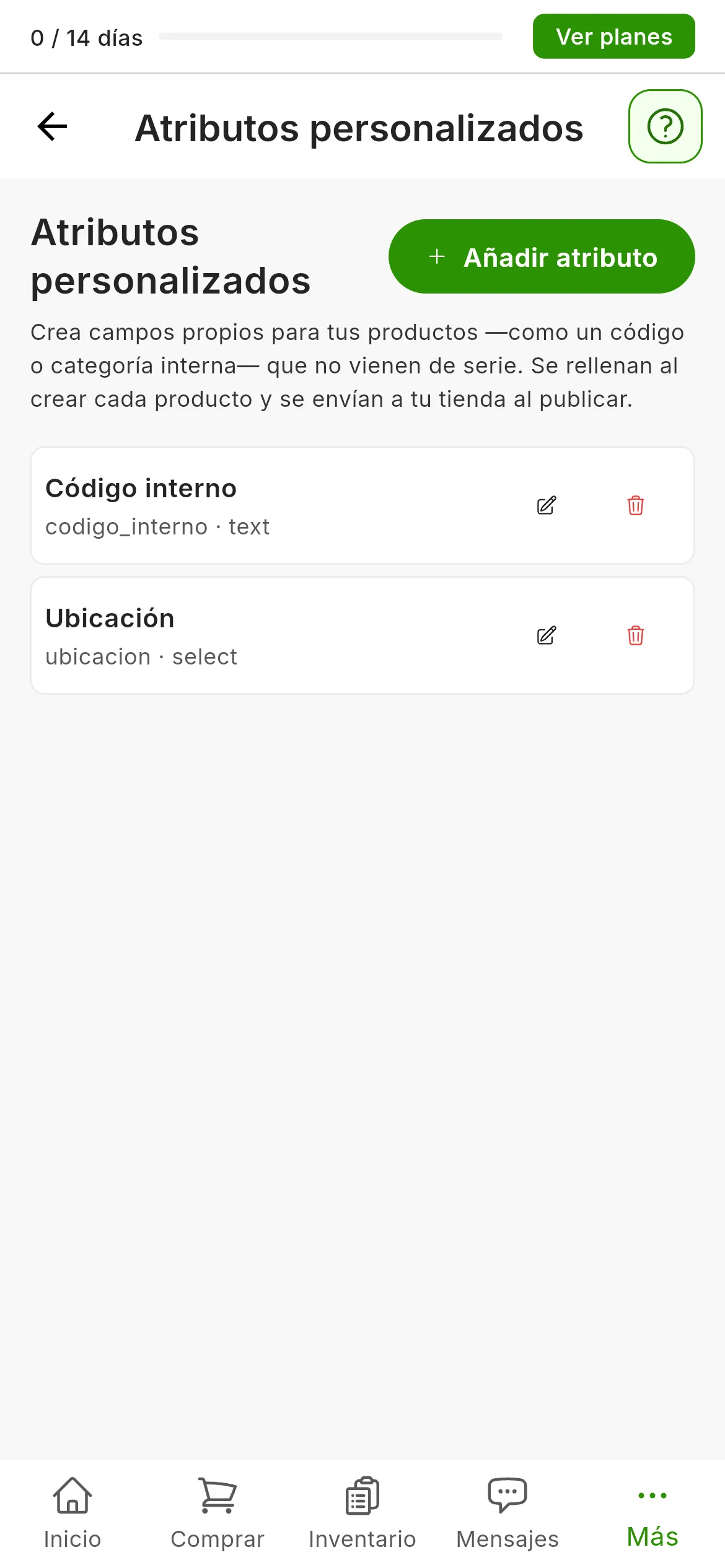 La pantalla Configuración, Atributos personalizados, con el texto que explica para qué sirven, el botón Añadir atributo y la lista de atributos creados