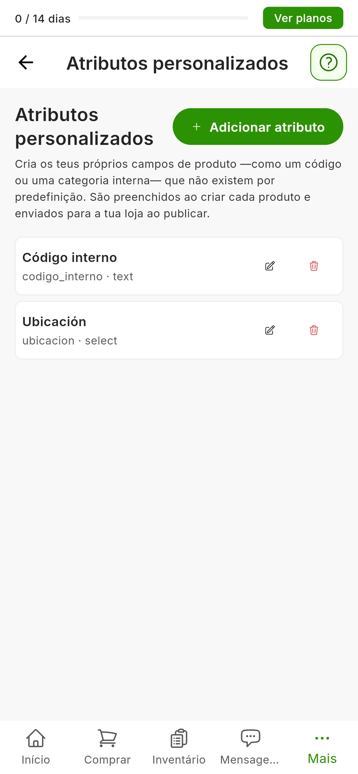 O ecrã Definições, Atributos personalizados, com o texto que explica para que servem, o botão Adicionar atributo e a lista de atributos criados