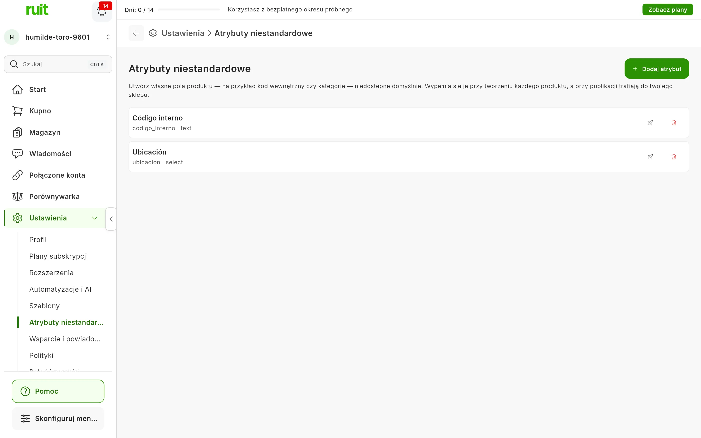 Ekran Ustawienia, Atrybuty niestandardowe, z tekstem wyjaśniającym, do czego służą, przyciskiem Dodaj atrybut i listą utworzonych atrybutów