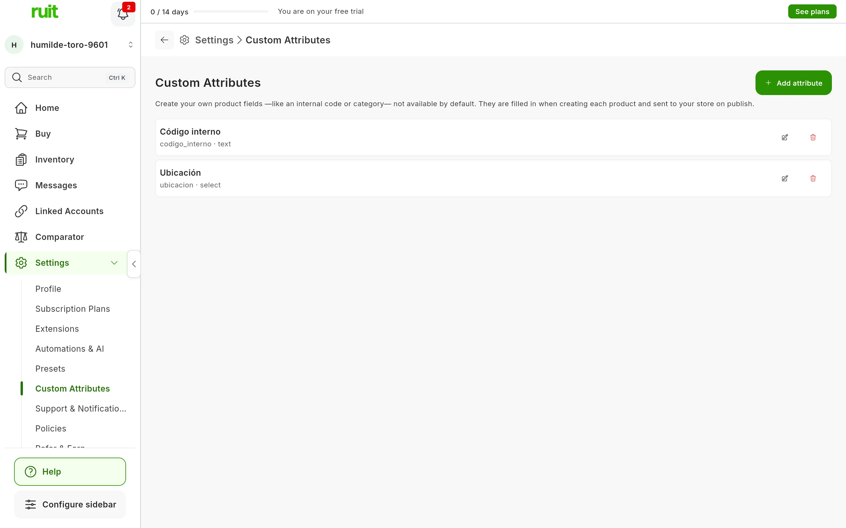 The Settings, Custom Attributes screen, with the text that explains what they are for, the Add attribute button and the list of attributes created