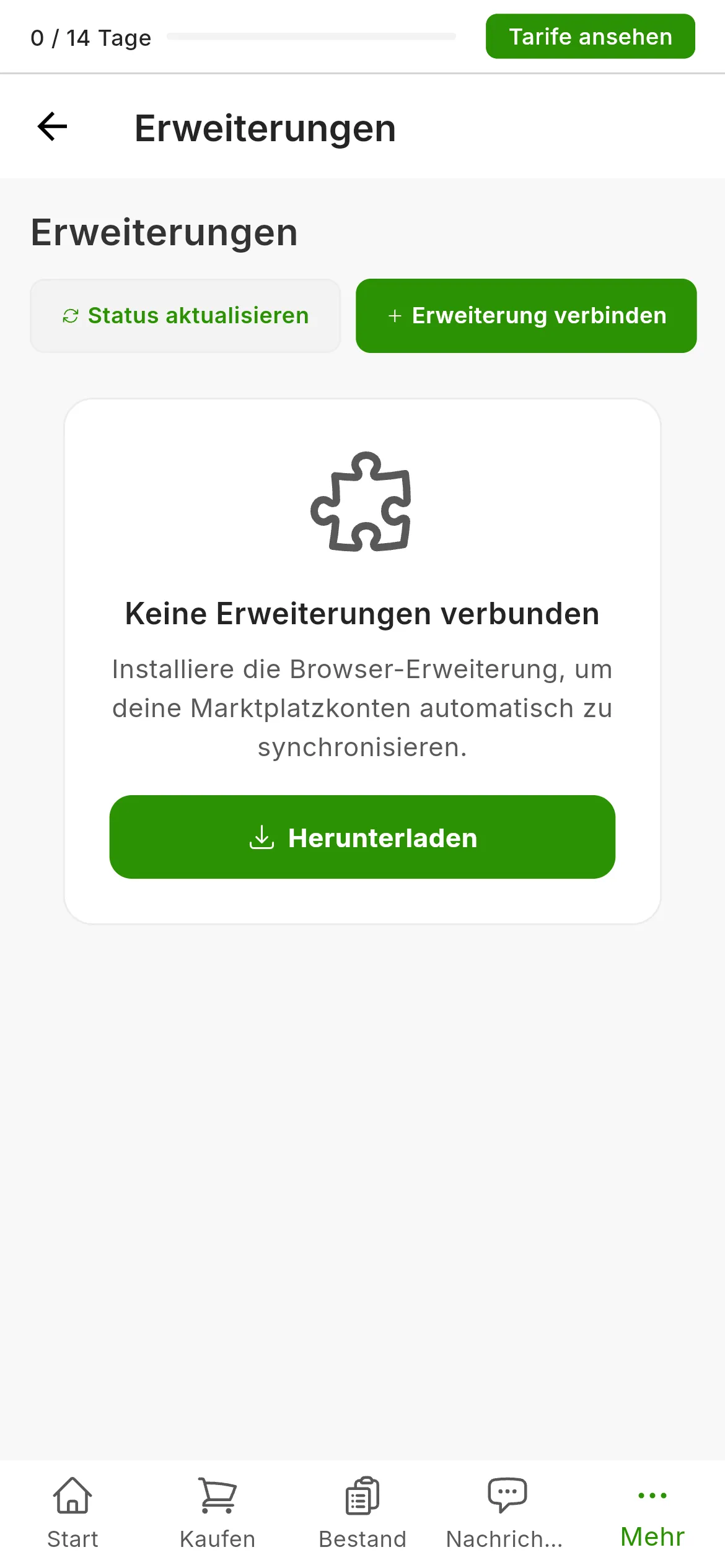 Der Bildschirm Einstellungen, Erweiterungen eines Kontos ohne Erweiterung: der Hinweis, dass keine Erweiterungen verbunden sind, die Schaltfläche zum Herunterladen und oben rechts die Schaltflächen zum Aktualisieren des Status und zum Verbinden einer Erweiterung.