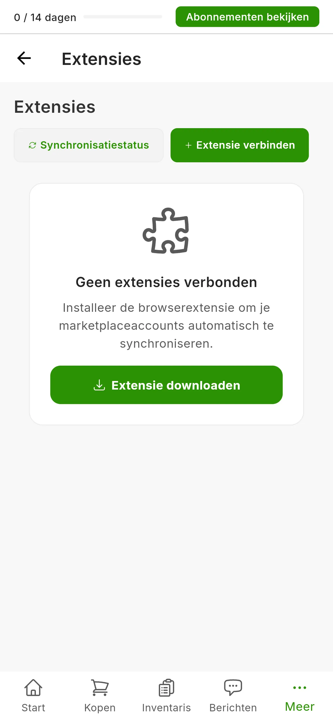 Het scherm Instellingen, Extensies van een account zonder extensie: de melding dat er geen extensies verbonden zijn, de knop om de extensie te downloaden en rechtsboven de knoppen voor de synchronisatiestatus en het verbinden van een extensie.