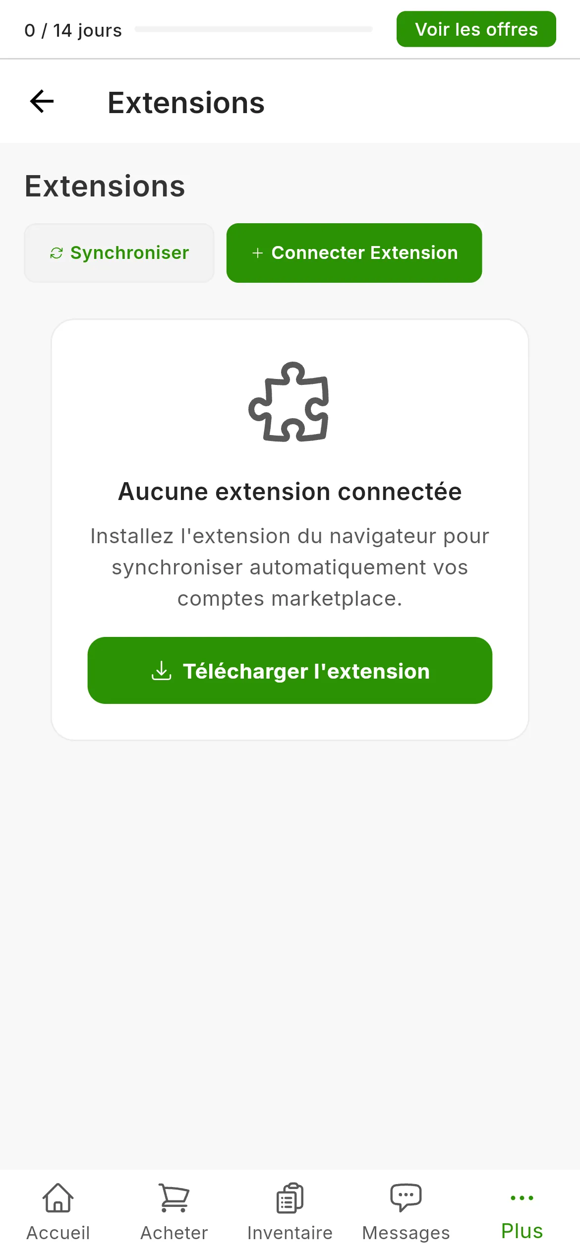 L'écran Paramètres, Extensions d'un compte sans extension : l'avis qu'aucune extension n'est connectée, le bouton pour télécharger l'extension et, en haut à droite, les boutons pour synchroniser l'état et connecter une extension.