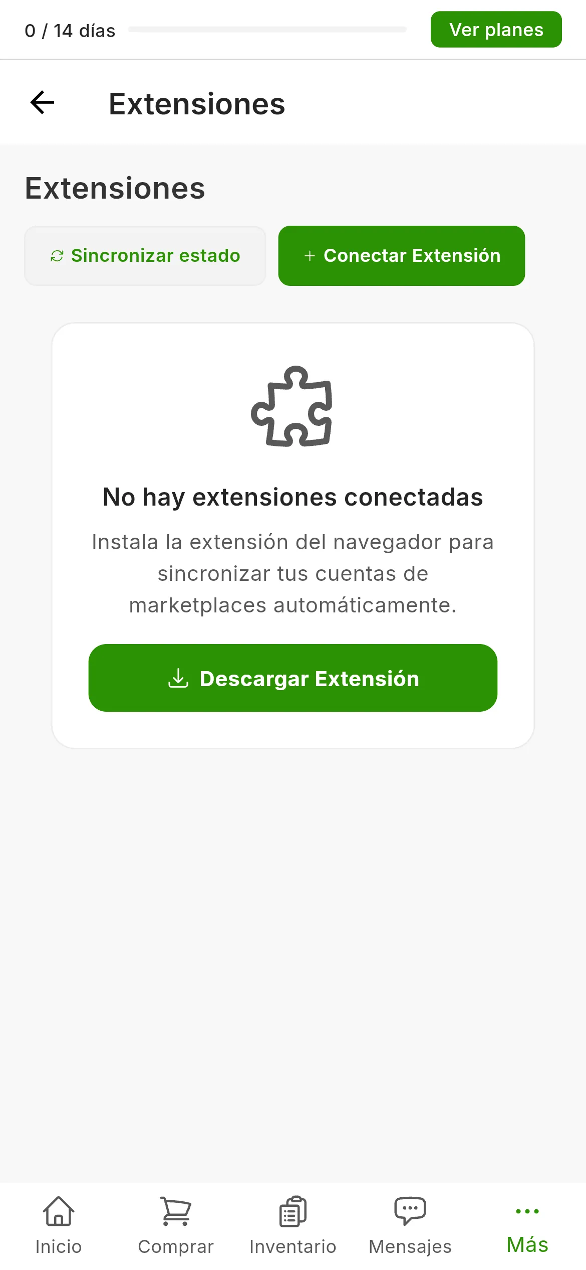 La pantalla Configuración, Extensiones de una cuenta sin extensión: el aviso de que no hay extensiones conectadas, el botón de descargar la extensión y, arriba a la derecha, los botones de sincronizar estado y conectar extensión.