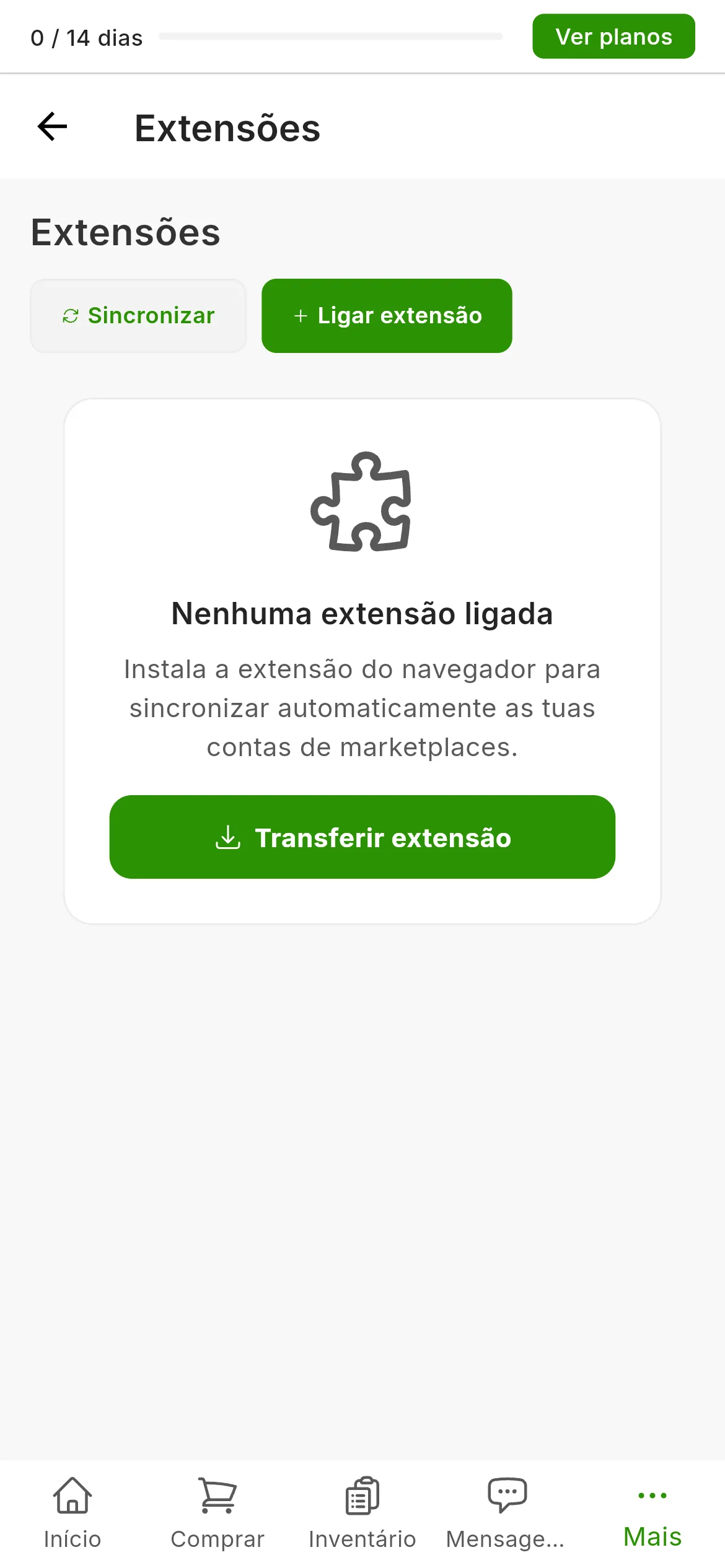 O ecrã Definições, Extensões de uma conta sem extensão: o aviso de que não há extensões ligadas, o botão para transferir a extensão e, no canto superior direito, os botões para sincronizar o estado e ligar uma extensão.