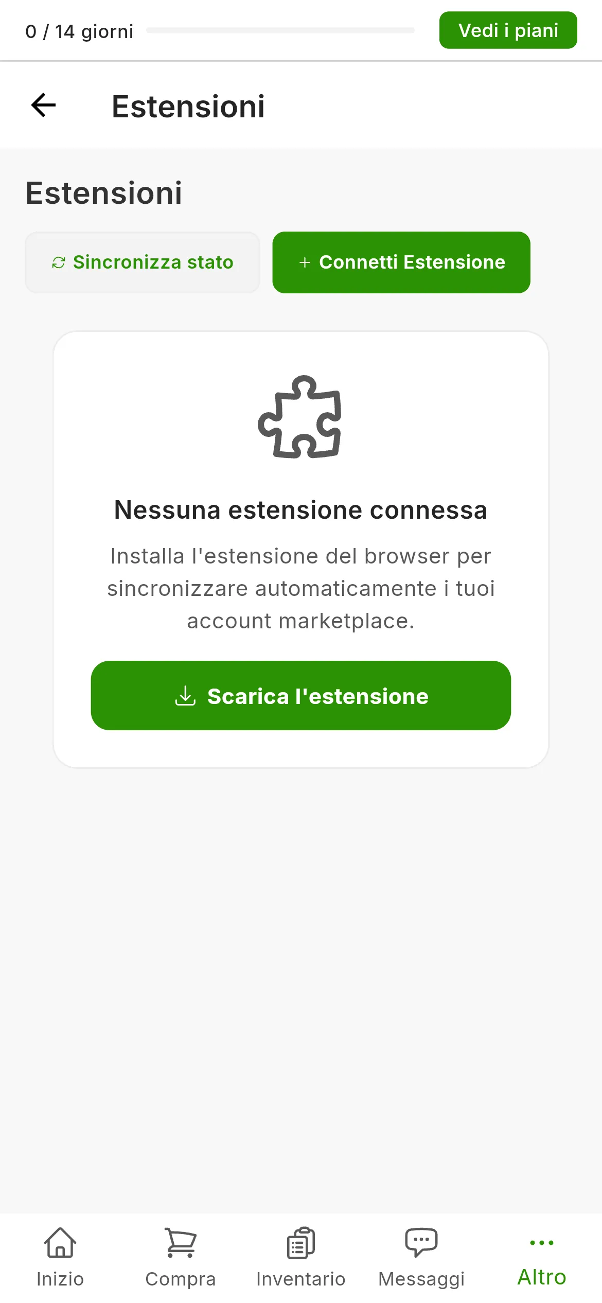 La schermata Impostazioni, Estensioni di un account senza estensione: l'avviso che non ci sono estensioni connesse, il pulsante per scaricare l'estensione e, in alto a destra, i pulsanti per sincronizzare lo stato e connettere un'estensione.