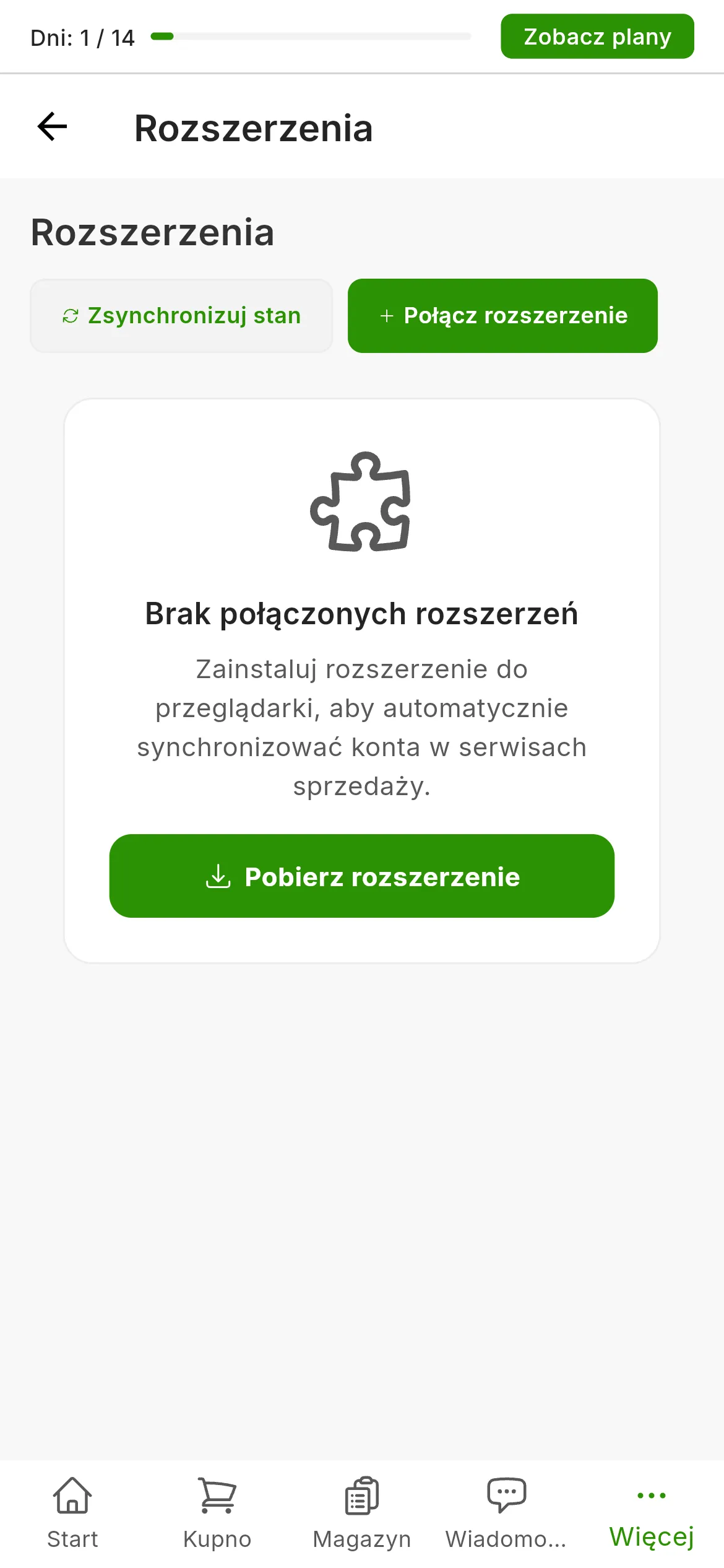 Ekran Ustawienia, Rozszerzenia konta bez rozszerzenia: informacja, że nie ma połączonych rozszerzeń, przycisk pobierania rozszerzenia oraz, w prawym górnym rogu, przyciski synchronizacji stanu i łączenia rozszerzenia.