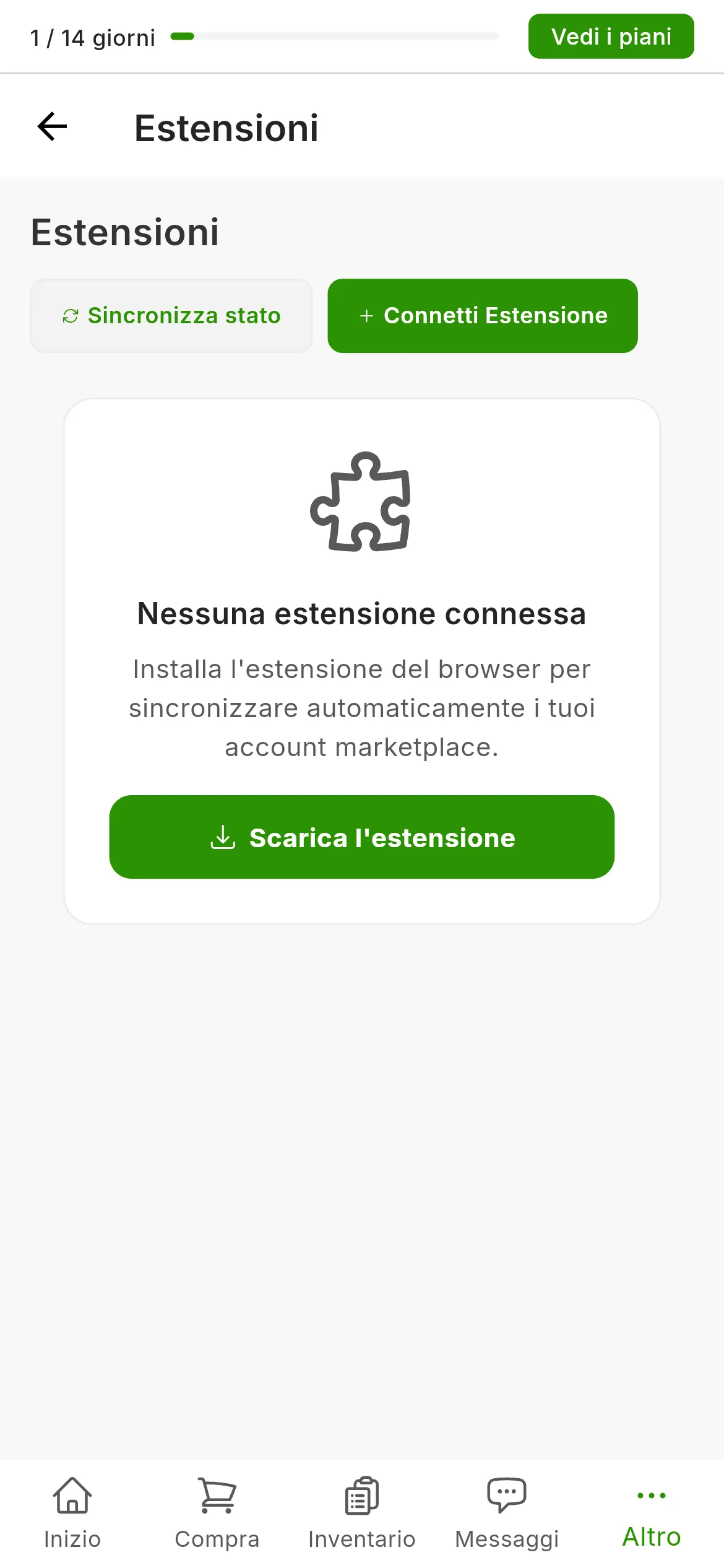 La schermata Impostazioni, Estensioni di un account senza estensione: l'avviso che non ci sono estensioni connesse, il pulsante per scaricare l'estensione e, in alto a destra, i pulsanti per sincronizzare lo stato e connettere un'estensione.