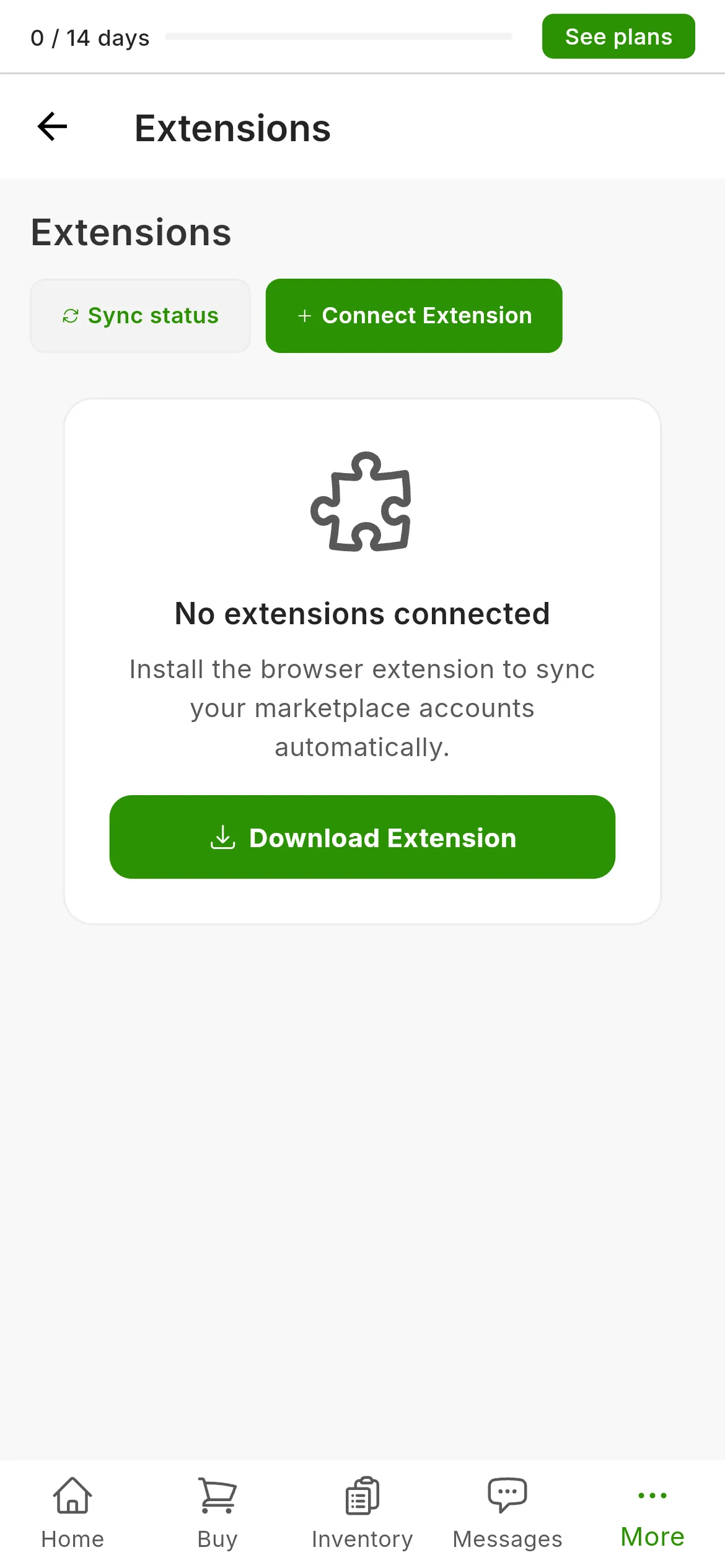 The Settings, Extensions screen of an account with no extension: the notice that no extensions are connected, the download button and, top right, the sync status and connect extension buttons.