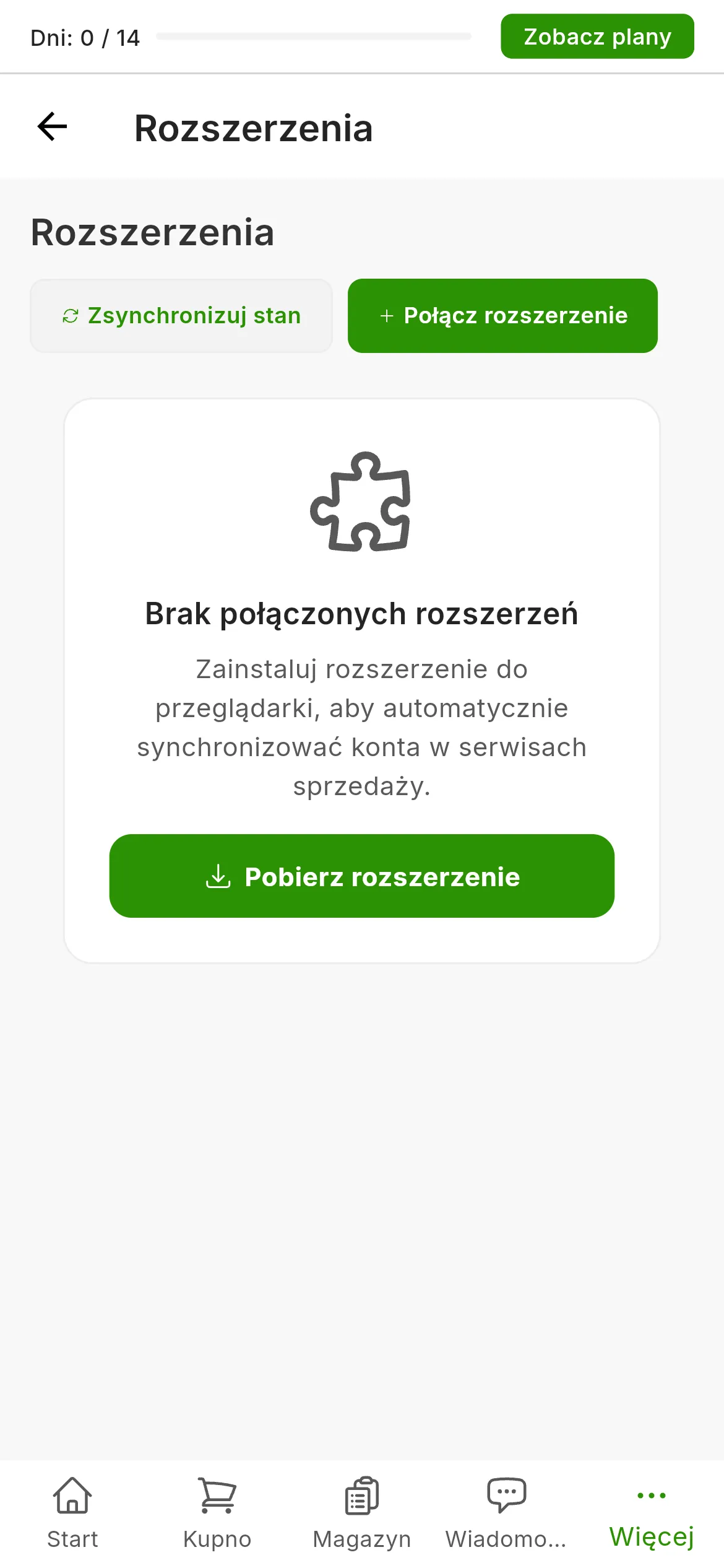 Ekran Ustawienia, Rozszerzenia konta bez rozszerzenia: informacja, że nie ma połączonych rozszerzeń, przycisk pobierania rozszerzenia oraz, w prawym górnym rogu, przyciski synchronizacji stanu i łączenia rozszerzenia.