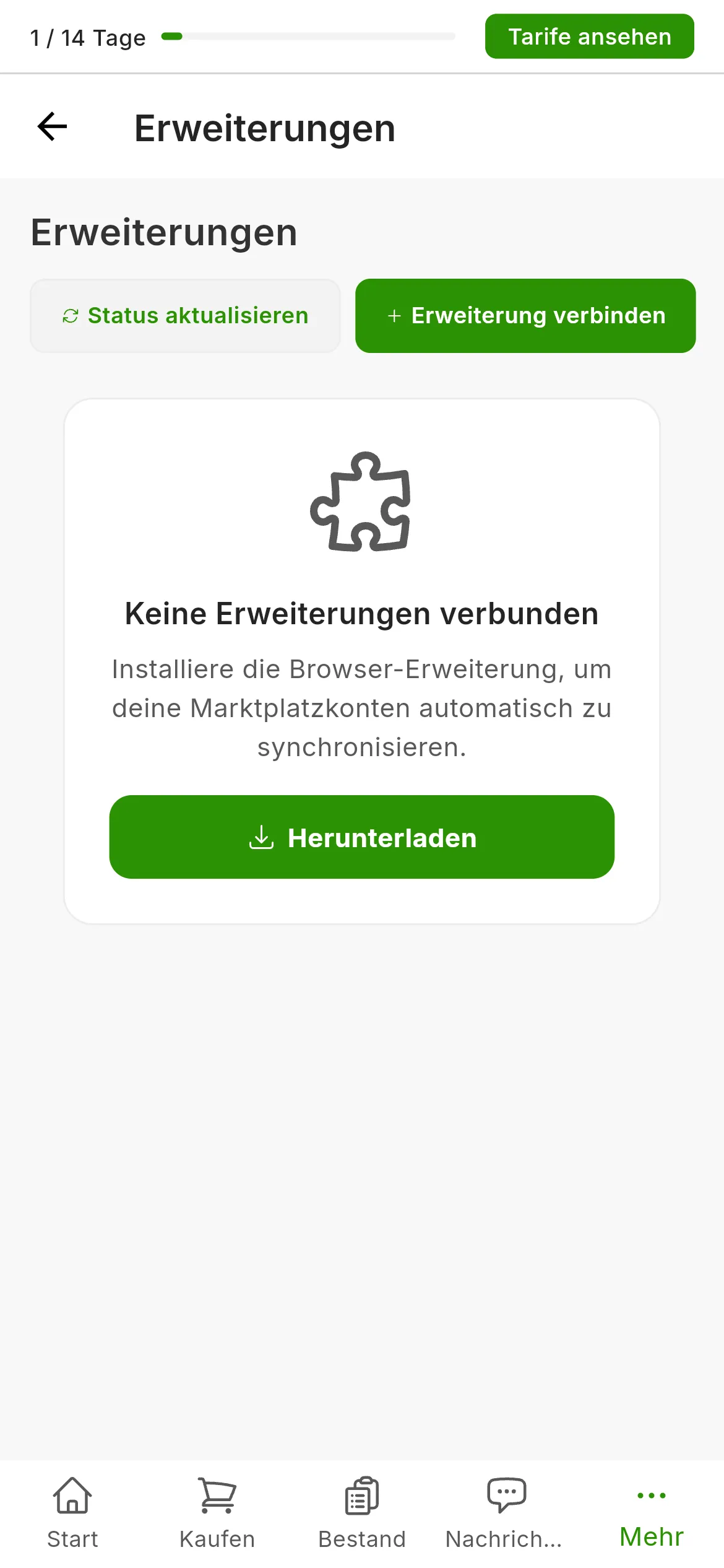 Der Bildschirm Einstellungen, Erweiterungen eines Kontos ohne Erweiterung: der Hinweis, dass keine Erweiterungen verbunden sind, die Schaltfläche zum Herunterladen und oben rechts die Schaltflächen zum Aktualisieren des Status und zum Verbinden einer Erweiterung.