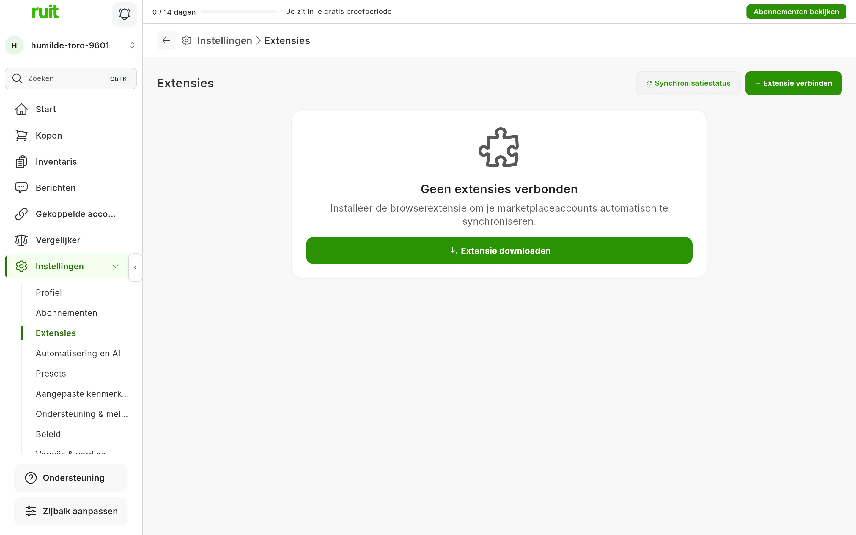 Het scherm Instellingen, Extensies van een account zonder extensie: de melding dat er geen extensies verbonden zijn, de knop om de extensie te downloaden en rechtsboven de knoppen voor de synchronisatiestatus en het verbinden van een extensie.