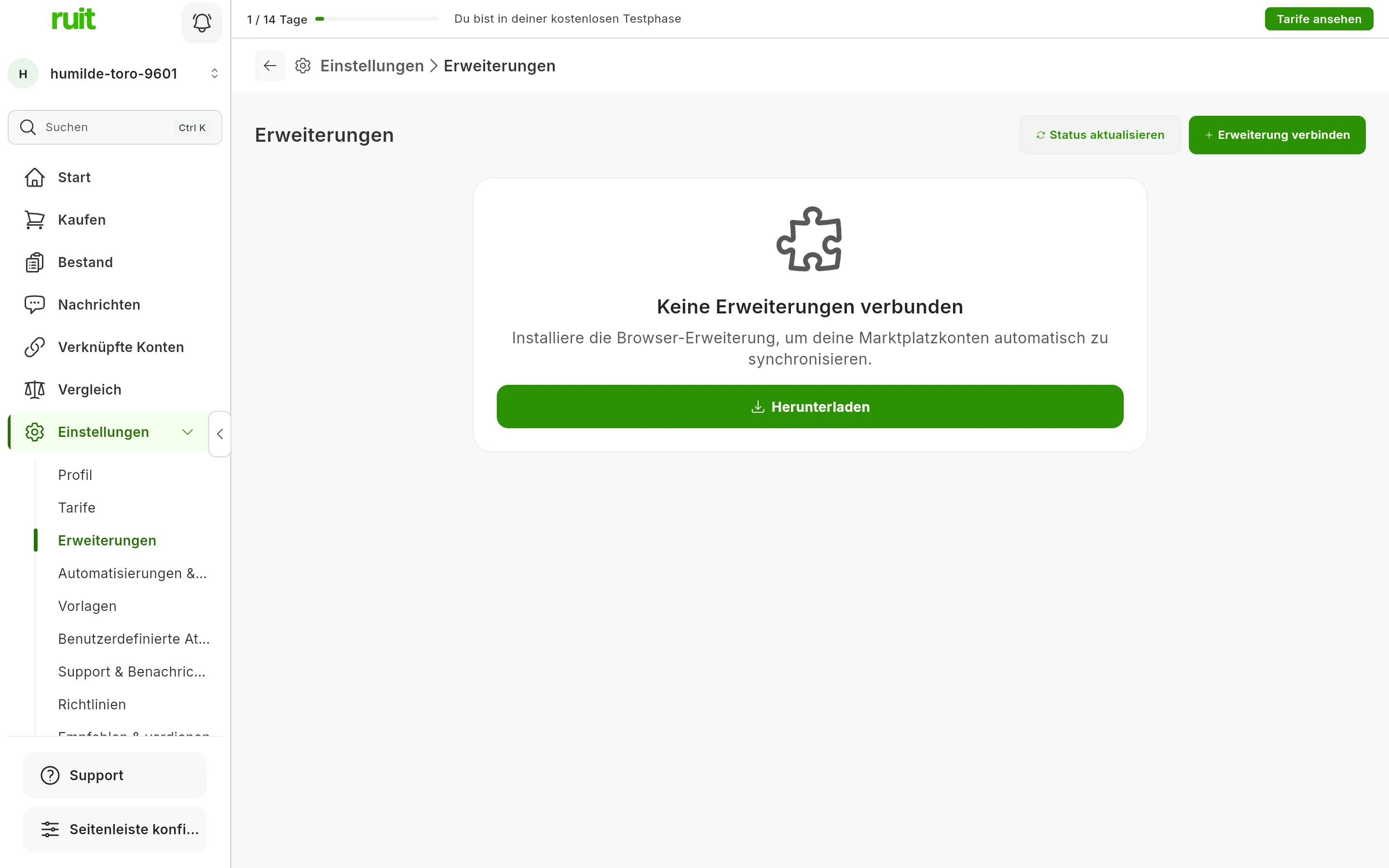 Der Bildschirm Einstellungen, Erweiterungen eines Kontos ohne Erweiterung: der Hinweis, dass keine Erweiterungen verbunden sind, die Schaltfläche zum Herunterladen und oben rechts die Schaltflächen zum Aktualisieren des Status und zum Verbinden einer Erweiterung.