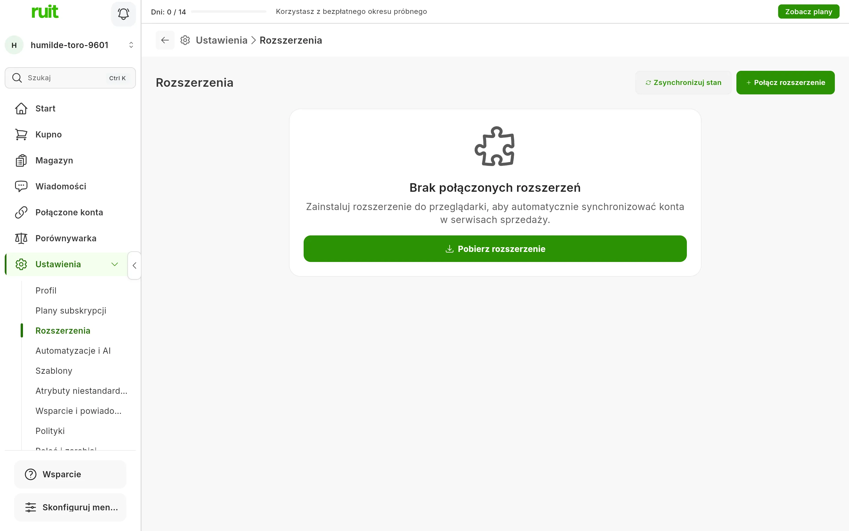 Ekran Ustawienia, Rozszerzenia konta bez rozszerzenia: informacja, że nie ma połączonych rozszerzeń, przycisk pobierania rozszerzenia oraz, w prawym górnym rogu, przyciski synchronizacji stanu i łączenia rozszerzenia.