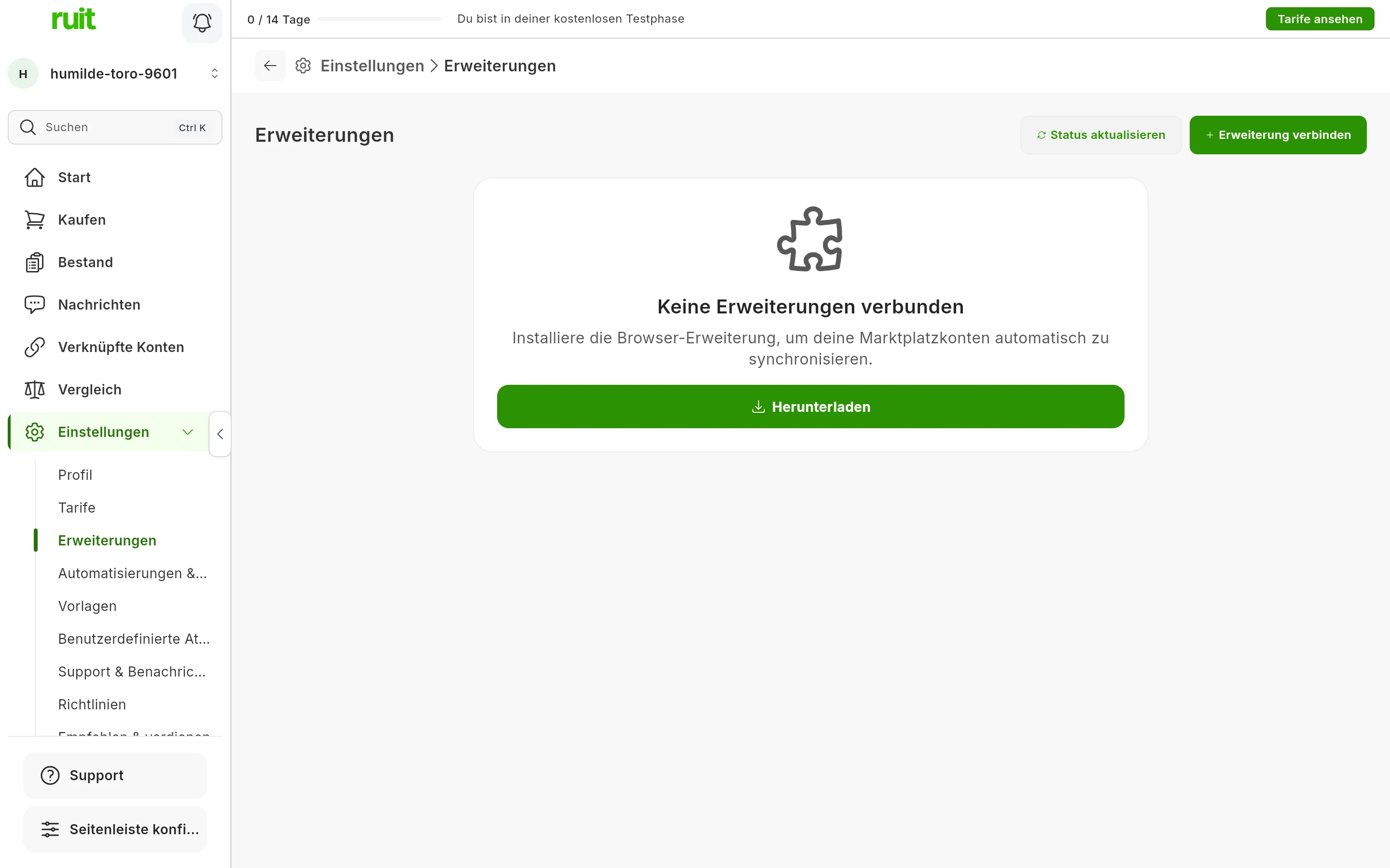 Der Bildschirm Einstellungen, Erweiterungen eines Kontos ohne Erweiterung: der Hinweis, dass keine Erweiterungen verbunden sind, die Schaltfläche zum Herunterladen und oben rechts die Schaltflächen zum Aktualisieren des Status und zum Verbinden einer Erweiterung.