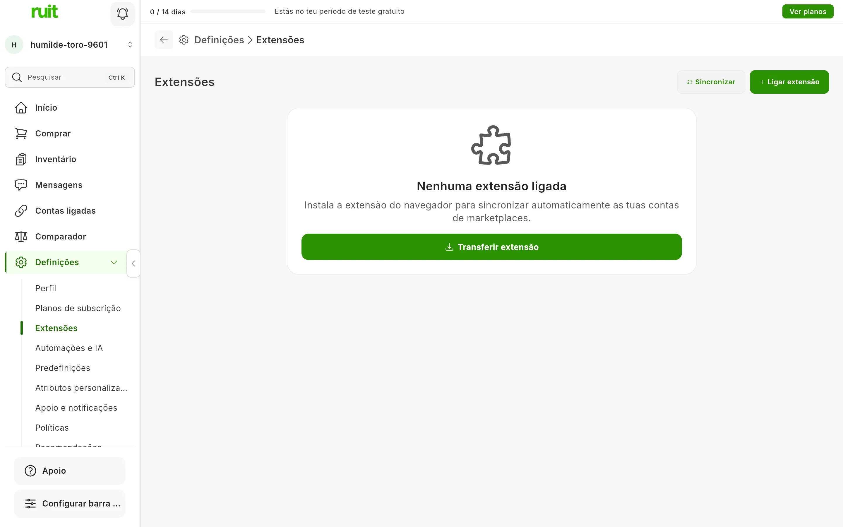 O ecrã Definições, Extensões de uma conta sem extensão: o aviso de que não há extensões ligadas, o botão para transferir a extensão e, no canto superior direito, os botões para sincronizar o estado e ligar uma extensão.