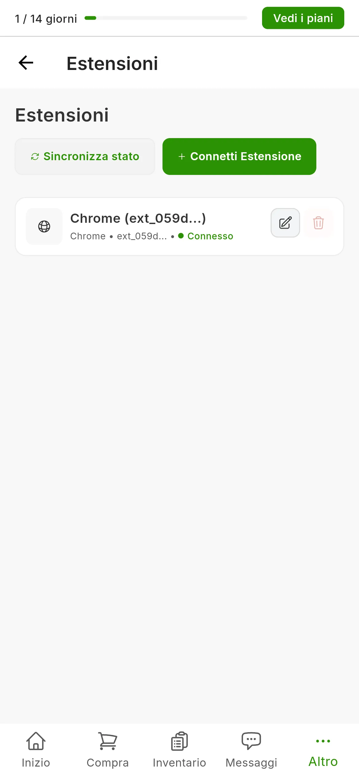 La schermata Impostazioni, Estensioni dopo l'installazione: la scheda dell'estensione di Chrome con il punto verde di Connesso, e in alto a destra i pulsanti per sincronizzare lo stato e connettere un'estensione.