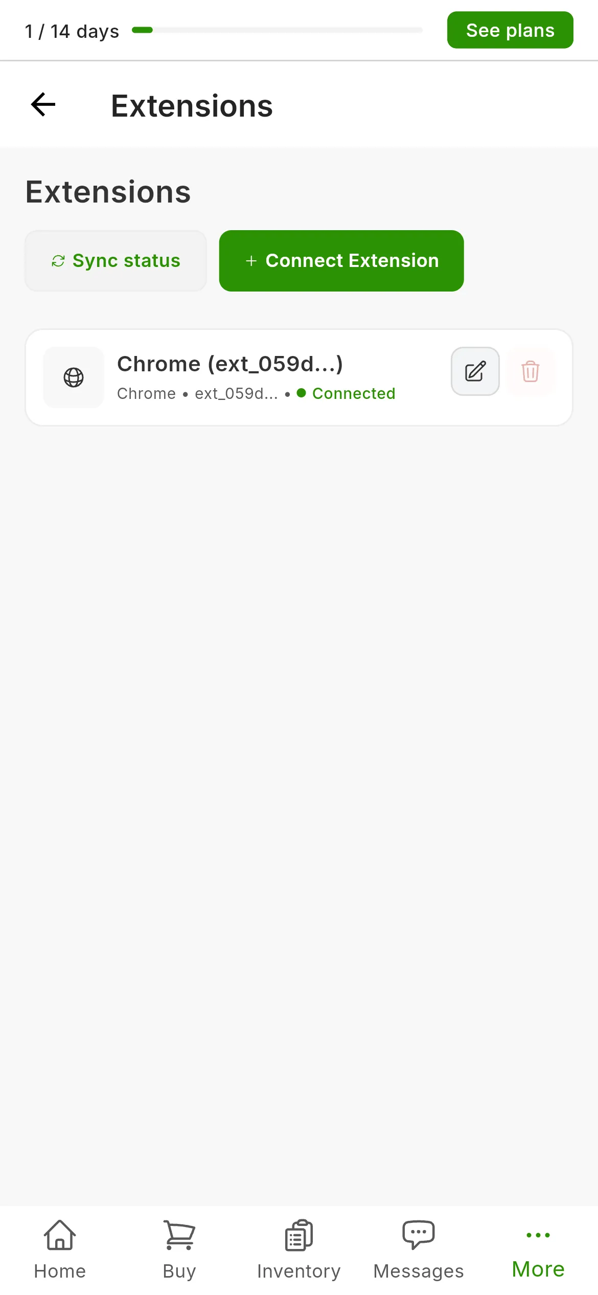 The Settings, Extensions screen after installing: the Chrome extension card with the green Connected dot and, top right, the sync status and connect extension buttons.