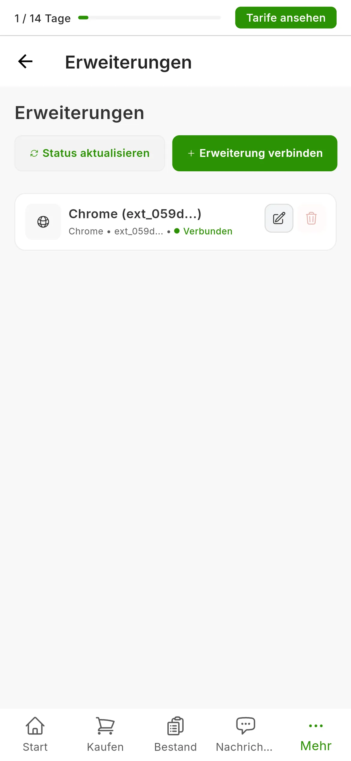 Der Bildschirm Einstellungen, Erweiterungen nach der Installation: die Karte der Chrome-Erweiterung mit dem grünen Punkt Verbunden und oben rechts die Schaltflächen zum Aktualisieren des Status und zum Verbinden einer Erweiterung.