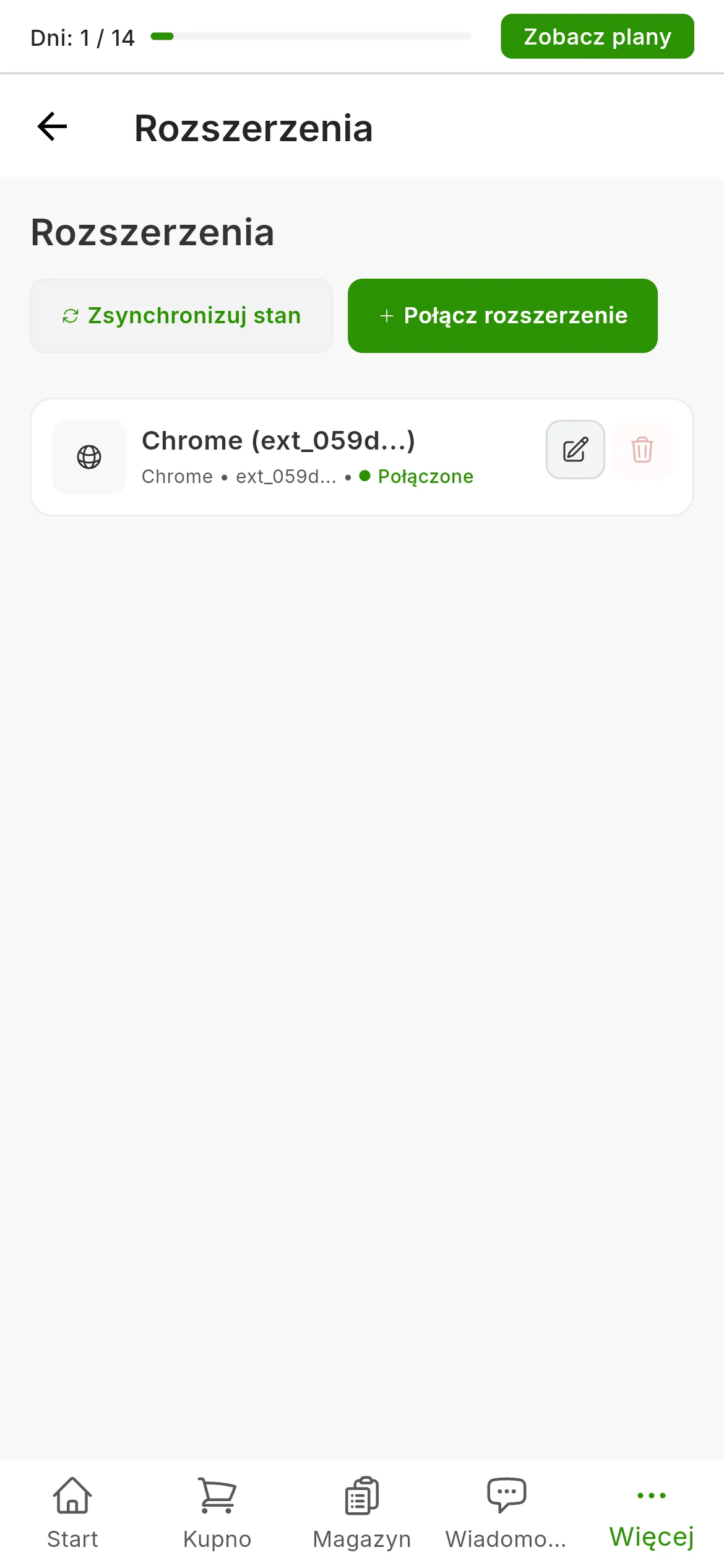 Ekran Ustawienia, Rozszerzenia po instalacji: karta rozszerzenia do Chrome z zieloną kropką Połączone, a w prawym górnym rogu przyciski synchronizacji stanu i łączenia rozszerzenia.