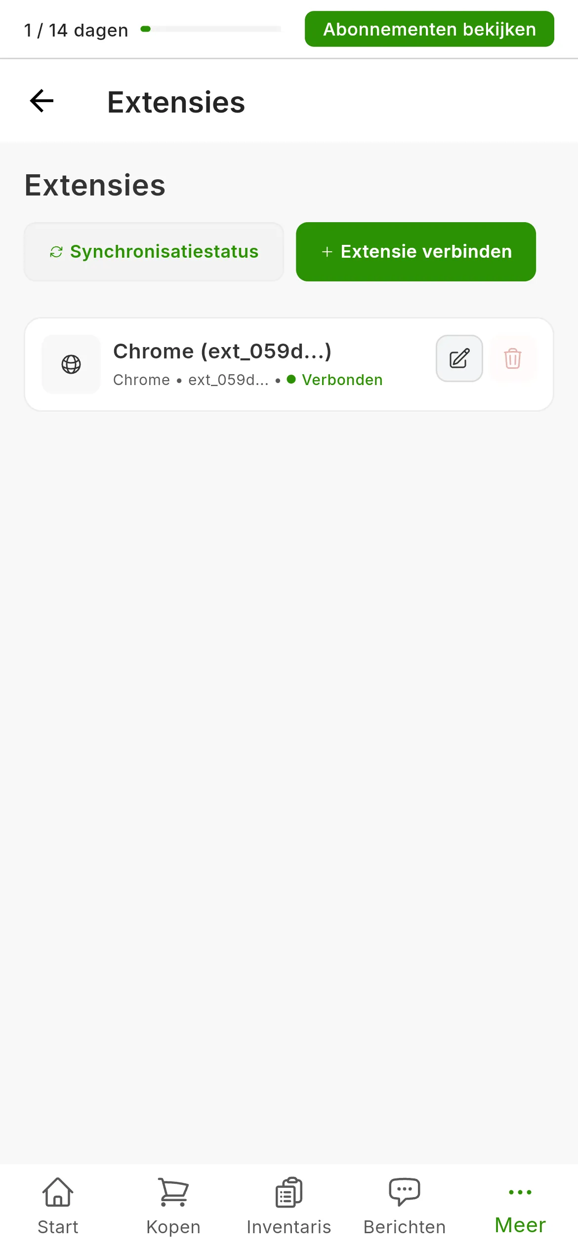 Het scherm Instellingen, Extensies na het installeren: de kaart van de Chrome-extensie met de groene stip van Verbonden, en rechtsboven de knoppen voor de synchronisatiestatus en het verbinden van een extensie.