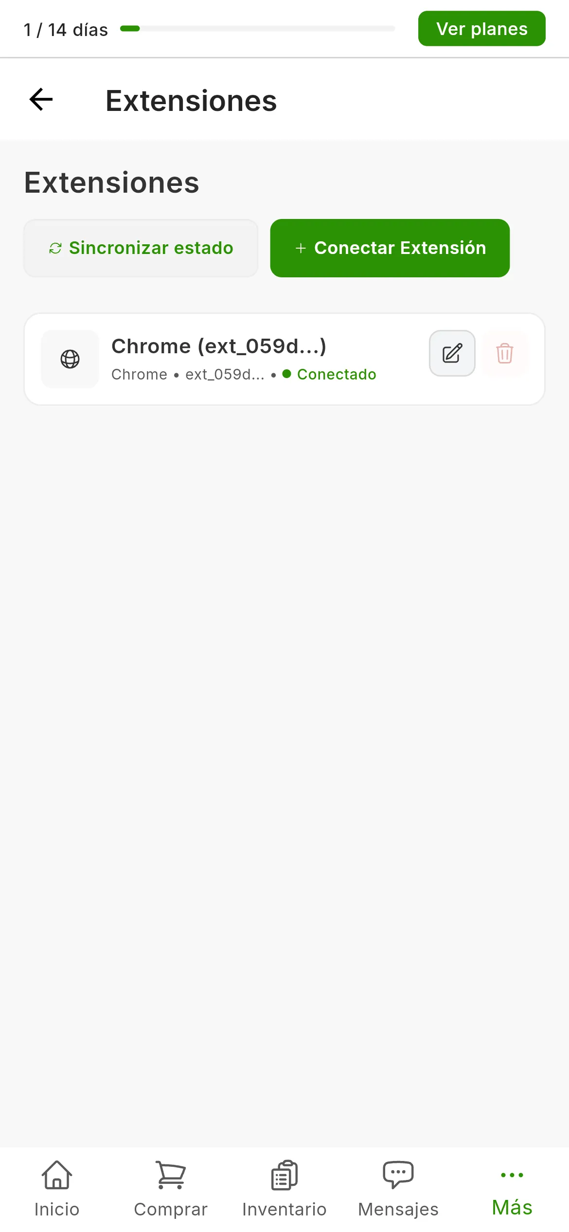 La pantalla Configuración, Extensiones después de instalar: la tarjeta de la extensión de Chrome con el punto verde de Conectado, y arriba a la derecha los botones de sincronizar estado y conectar extensión.