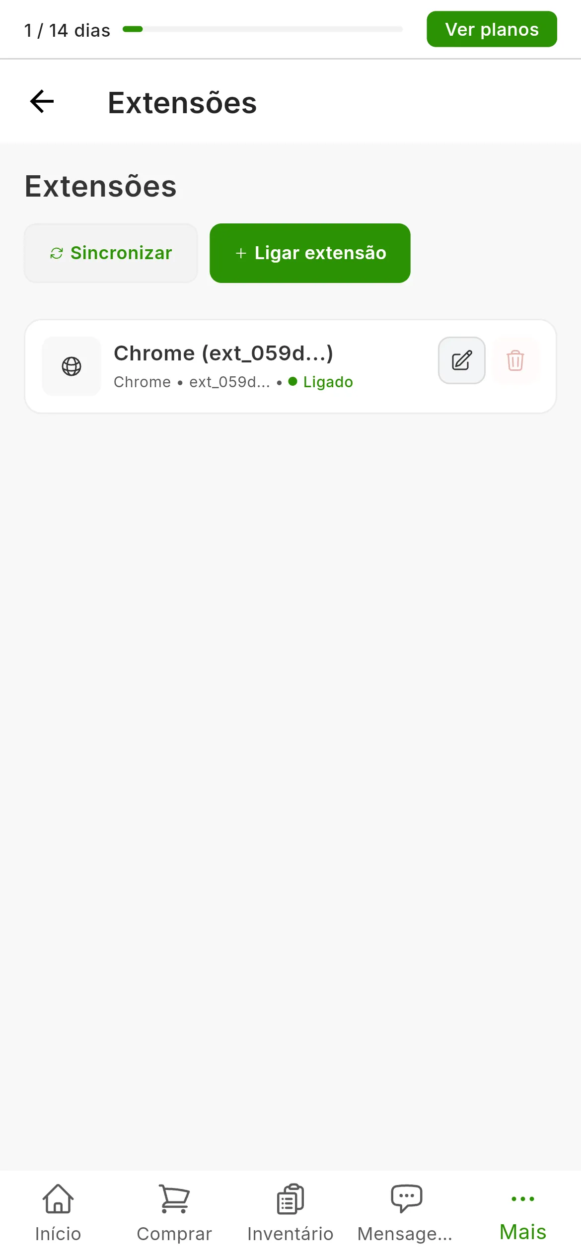 O ecrã Definições, Extensões depois de instalar: o cartão da extensão do Chrome com o ponto verde de Ligado e, no canto superior direito, os botões de sincronizar o estado e ligar uma extensão.