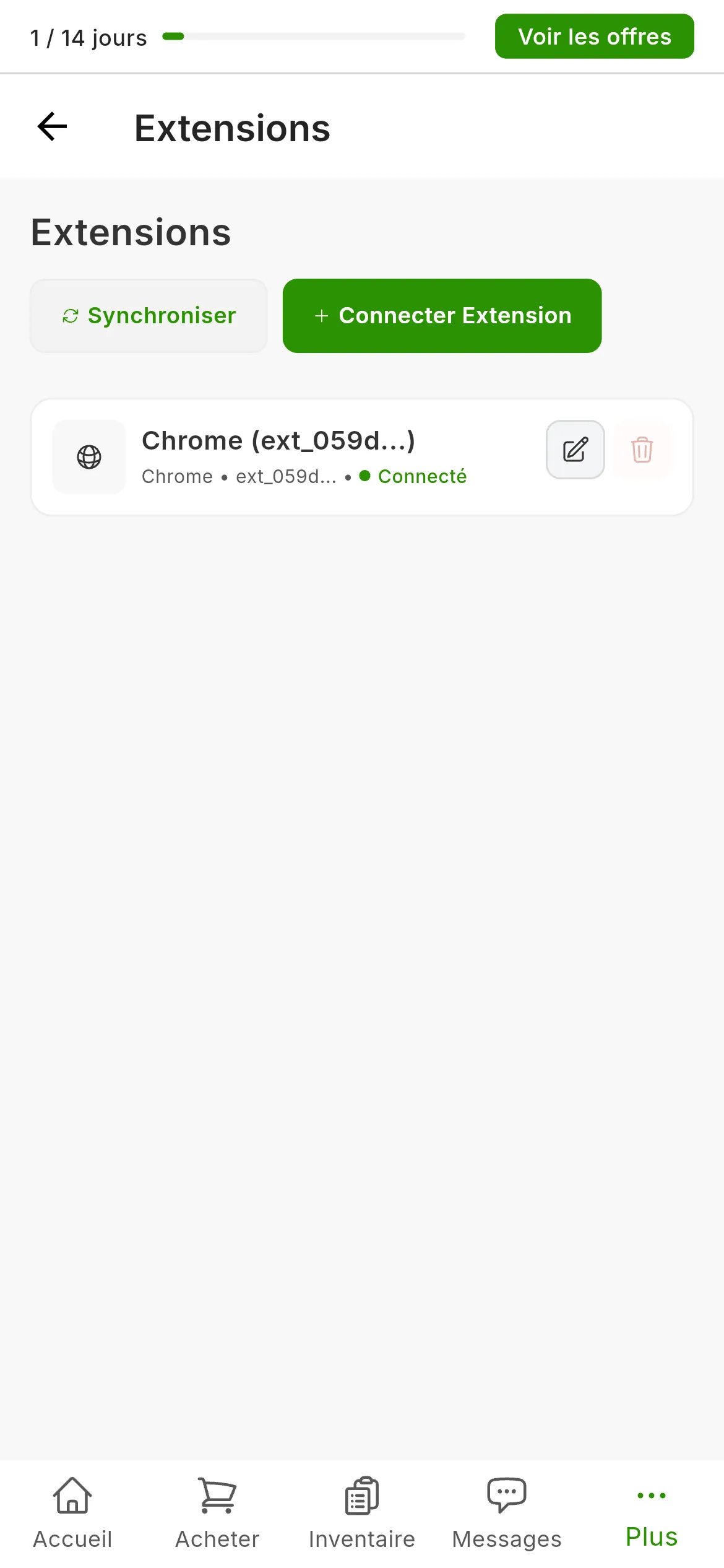 L'écran Paramètres, Extensions après l'installation : la carte de l'extension Chrome avec le point vert de Connecté, et en haut à droite les boutons pour synchroniser l'état et connecter une extension.
