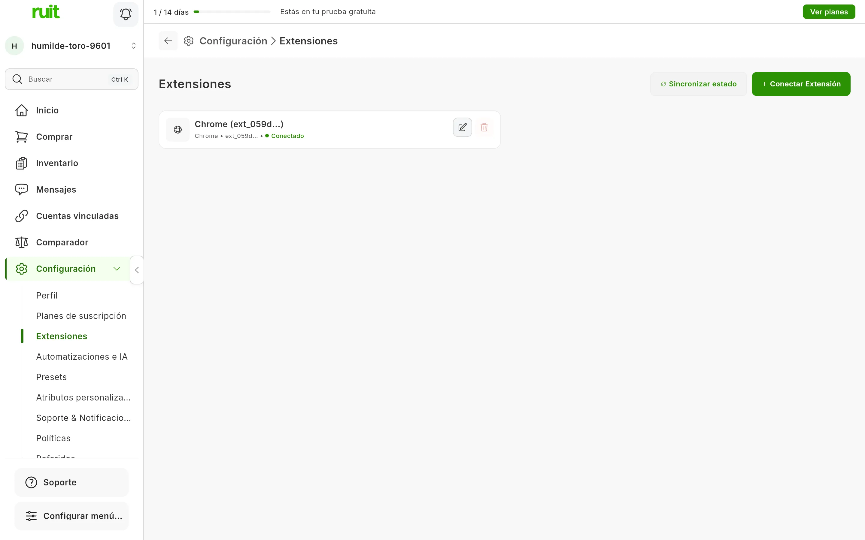 La pantalla Configuración, Extensiones después de instalar: la tarjeta de la extensión de Chrome con el punto verde de Conectado, y arriba a la derecha los botones de sincronizar estado y conectar extensión.