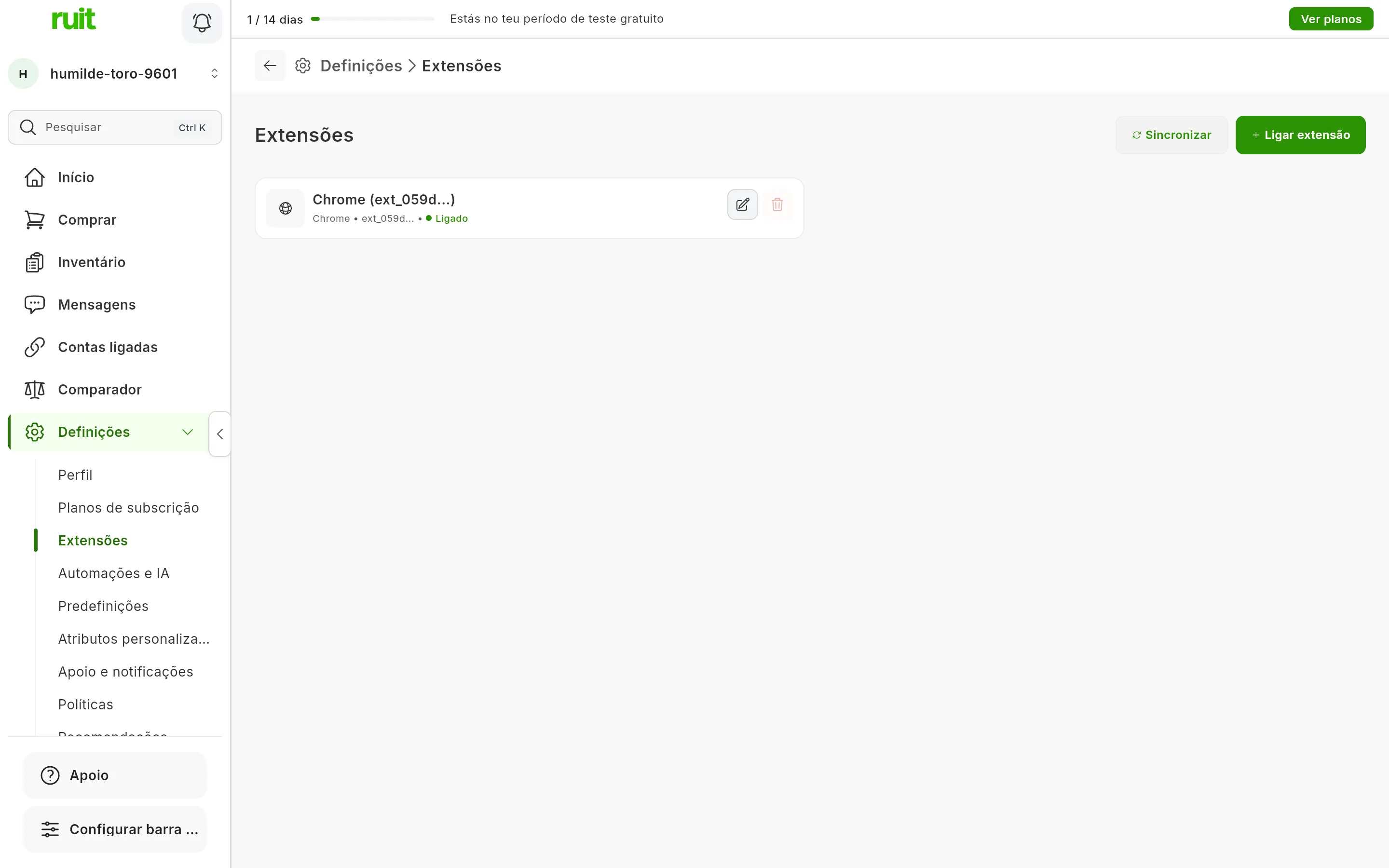 O ecrã Definições, Extensões depois de instalar: o cartão da extensão do Chrome com o ponto verde de Ligado e, no canto superior direito, os botões de sincronizar o estado e ligar uma extensão.