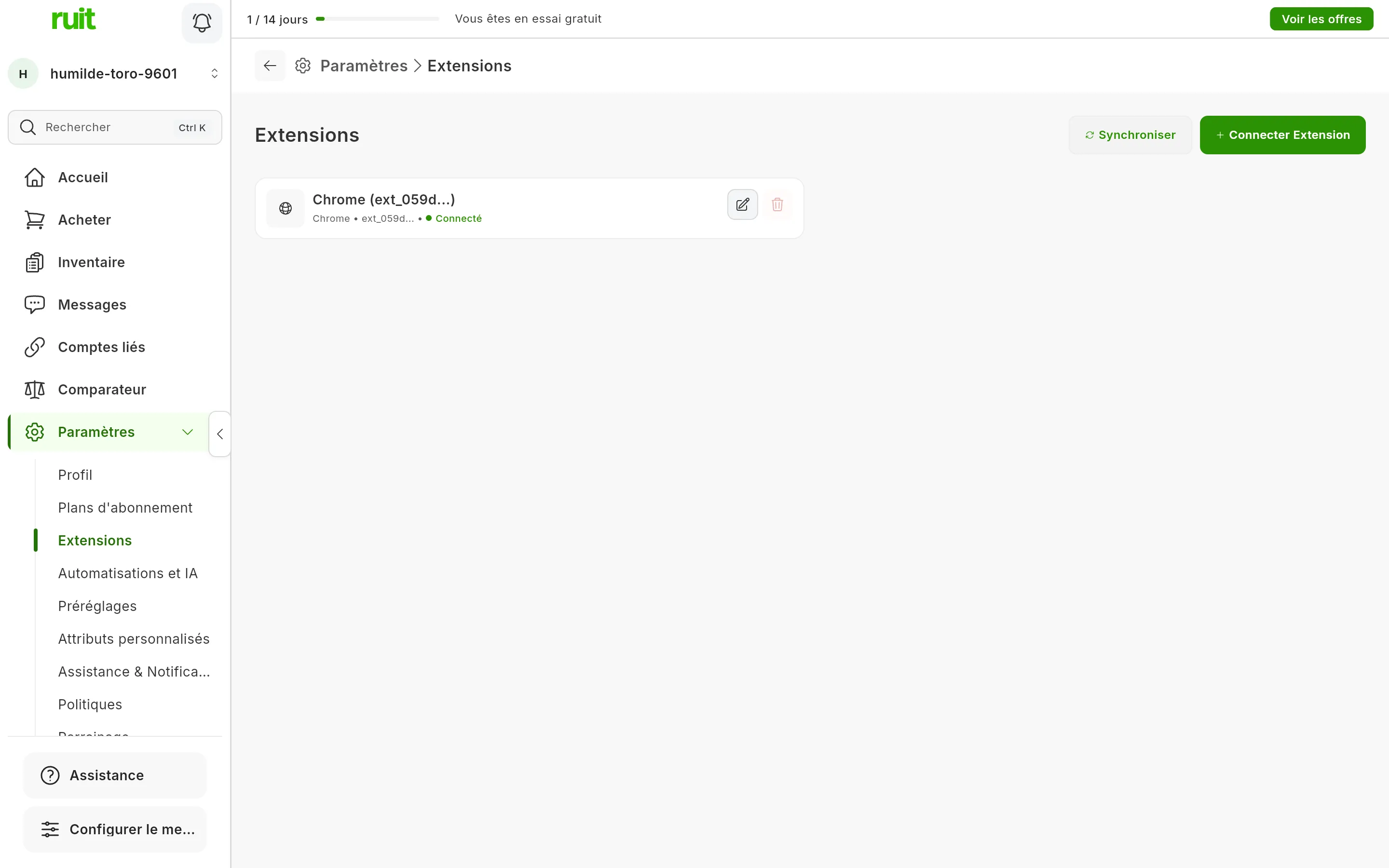 L'écran Paramètres, Extensions après l'installation : la carte de l'extension Chrome avec le point vert de Connecté, et en haut à droite les boutons pour synchroniser l'état et connecter une extension.
