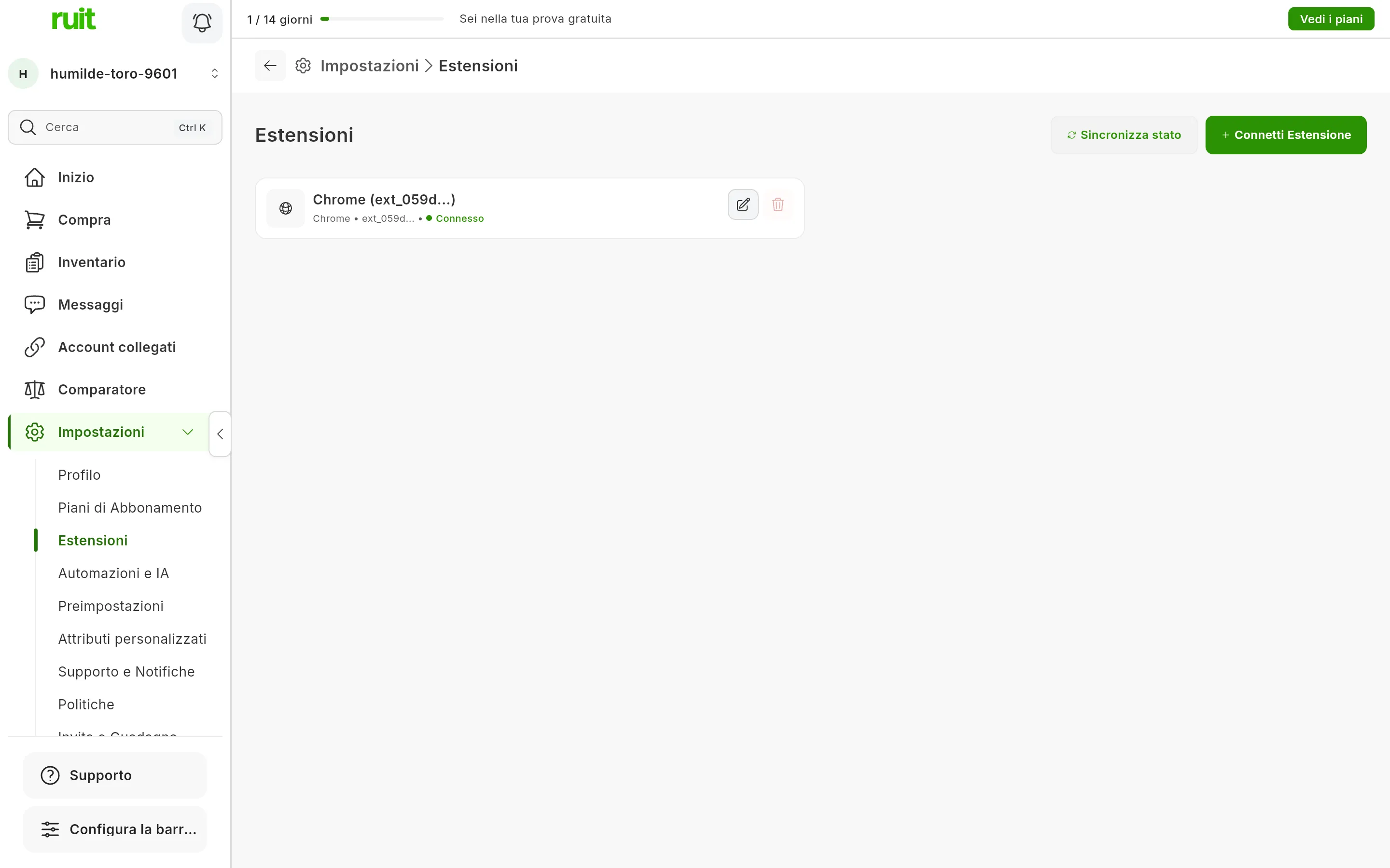 La schermata Impostazioni, Estensioni dopo l'installazione: la scheda dell'estensione di Chrome con il punto verde di Connesso, e in alto a destra i pulsanti per sincronizzare lo stato e connettere un'estensione.