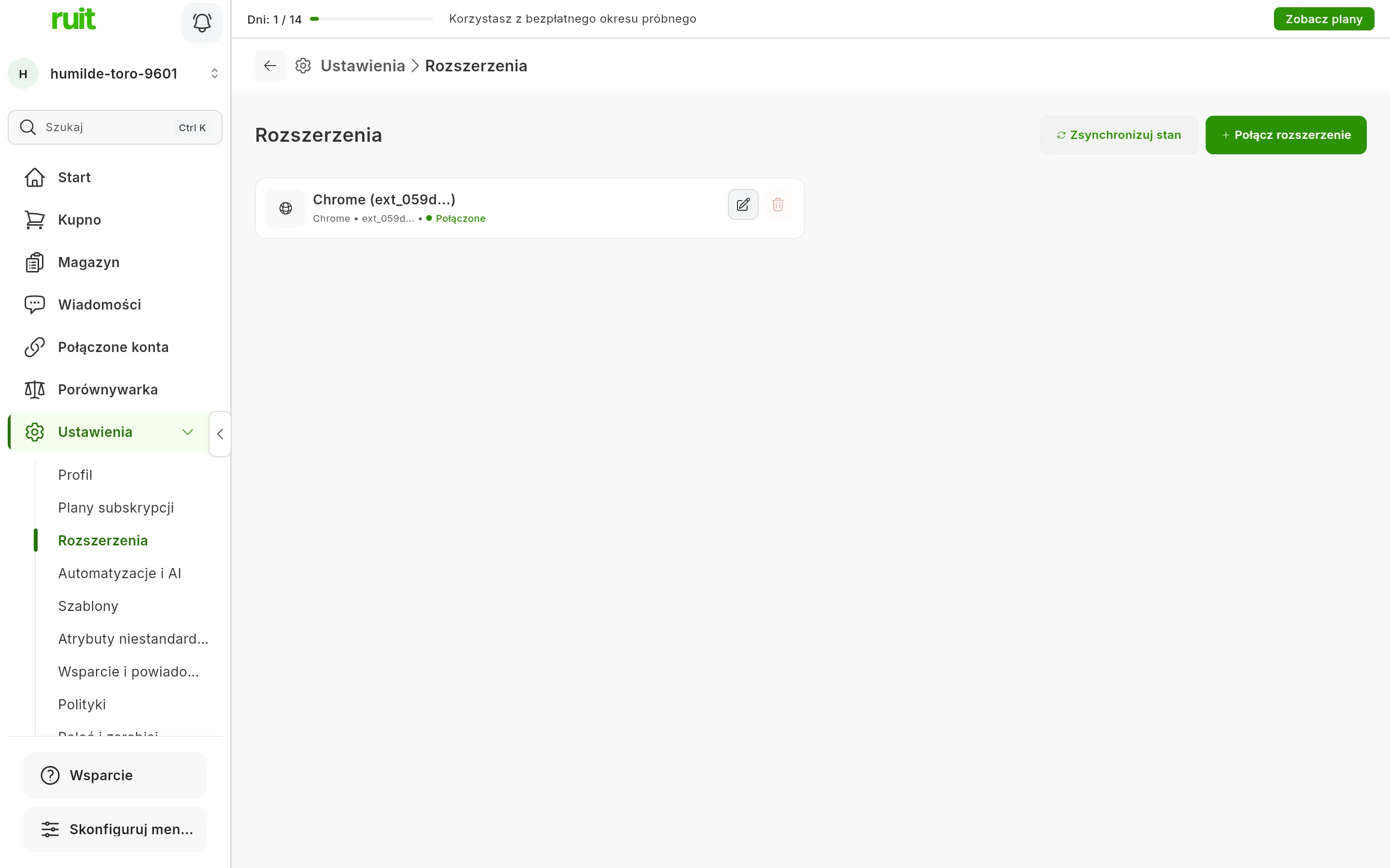 Ekran Ustawienia, Rozszerzenia po instalacji: karta rozszerzenia do Chrome z zieloną kropką Połączone, a w prawym górnym rogu przyciski synchronizacji stanu i łączenia rozszerzenia.