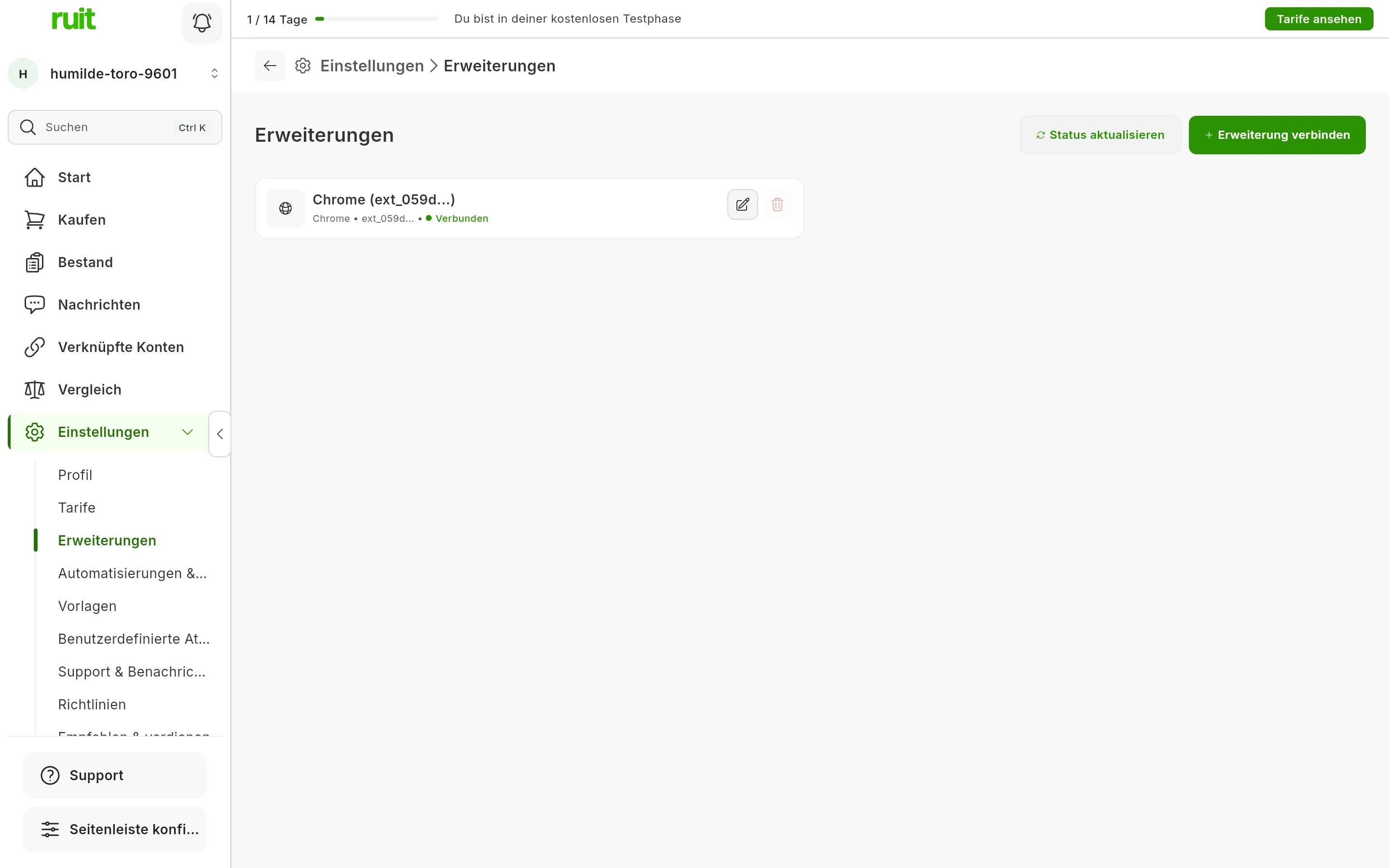 Der Bildschirm Einstellungen, Erweiterungen nach der Installation: die Karte der Chrome-Erweiterung mit dem grünen Punkt Verbunden und oben rechts die Schaltflächen zum Aktualisieren des Status und zum Verbinden einer Erweiterung.
