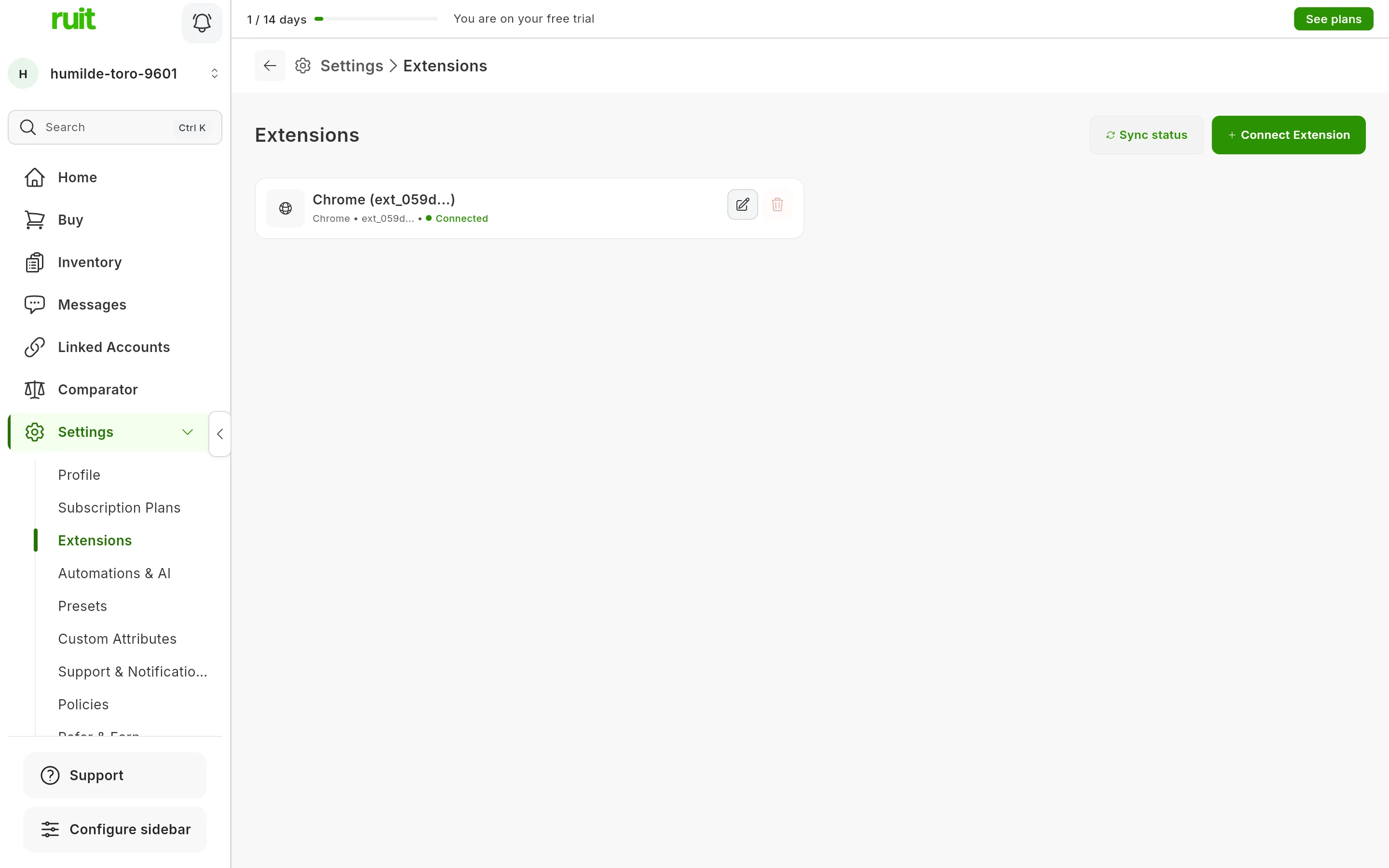 The Settings, Extensions screen after installing: the Chrome extension card with the green Connected dot and, top right, the sync status and connect extension buttons.