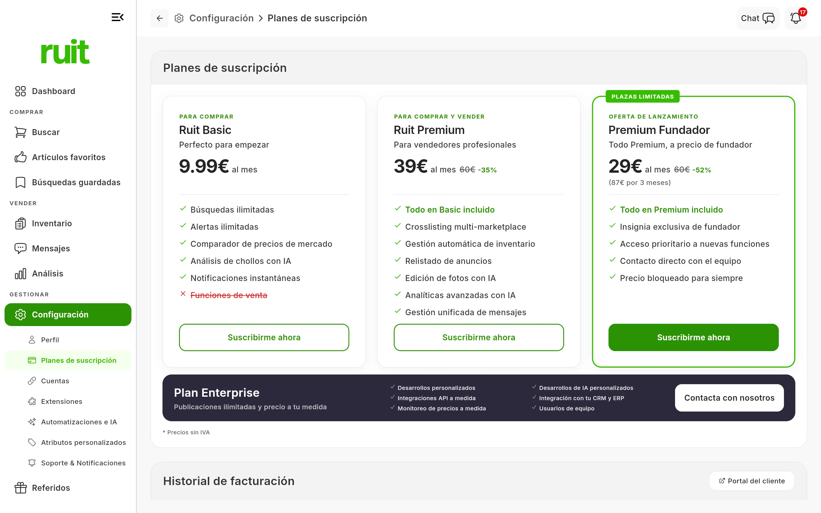 Las tres tarjetas de plan con precio, cada una con su propio botón Suscribirme ahora debajo de su lista de funciones, y el botón Contacta con nosotros en la franja oscura del plan a medida.