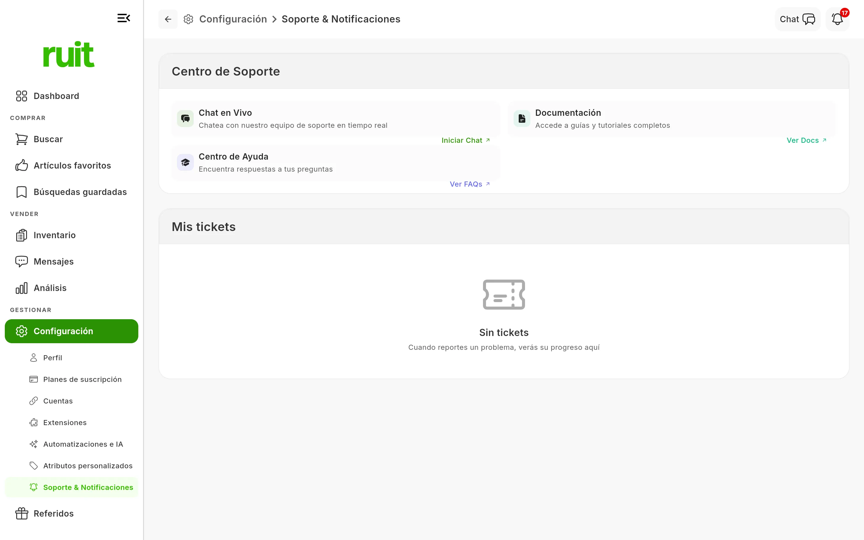 Pantalla Soporte y Notificaciones de RUIT: la sección Centro de Soporte con las tarjetas Chat en Vivo, Documentación y Centro de Ayuda, y debajo la sección Mis tickets sin ninguna incidencia abierta.