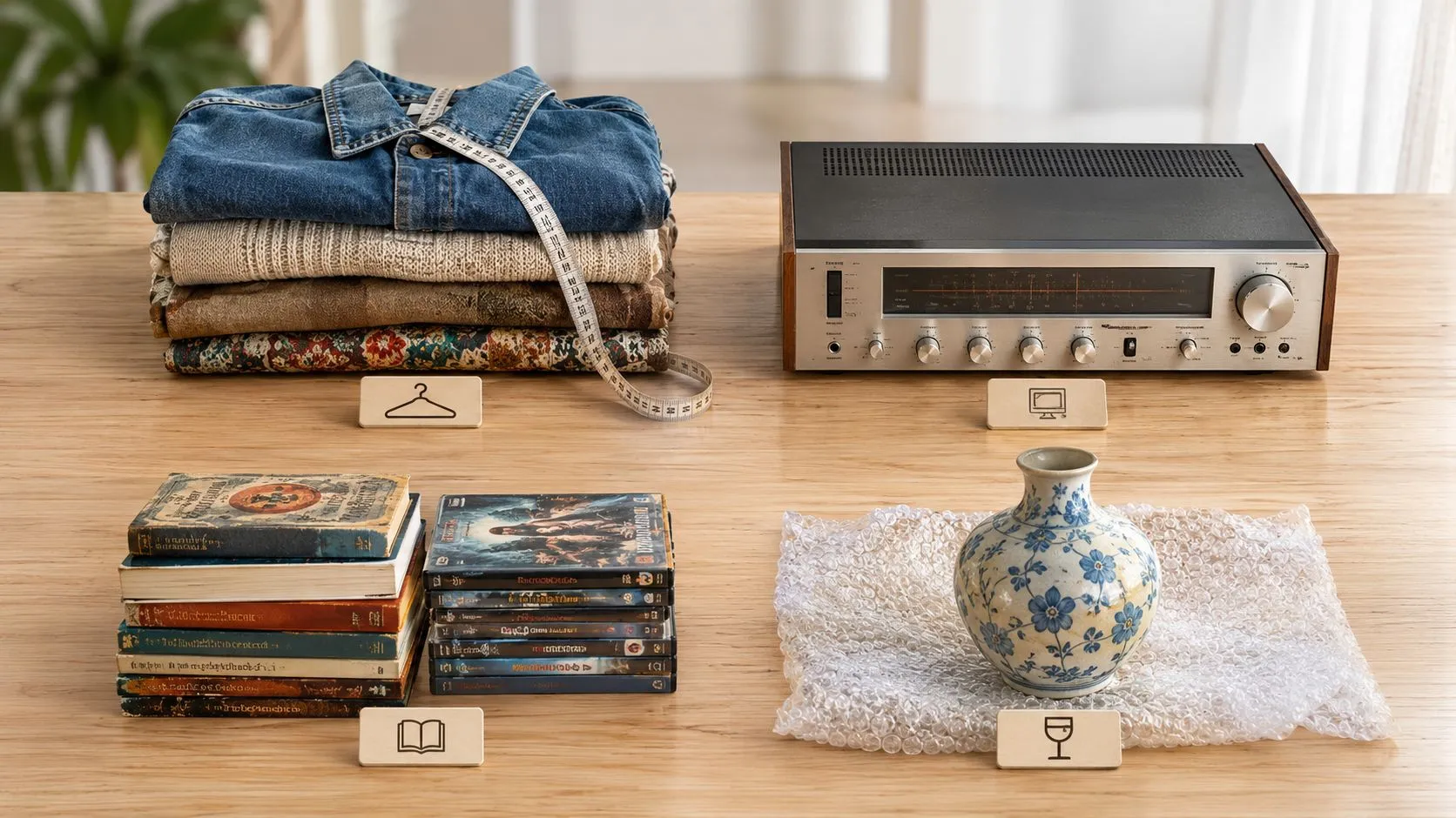 An organized wooden table displaying various items for sale, including clothing, electronics, books, and a ceramic vase.